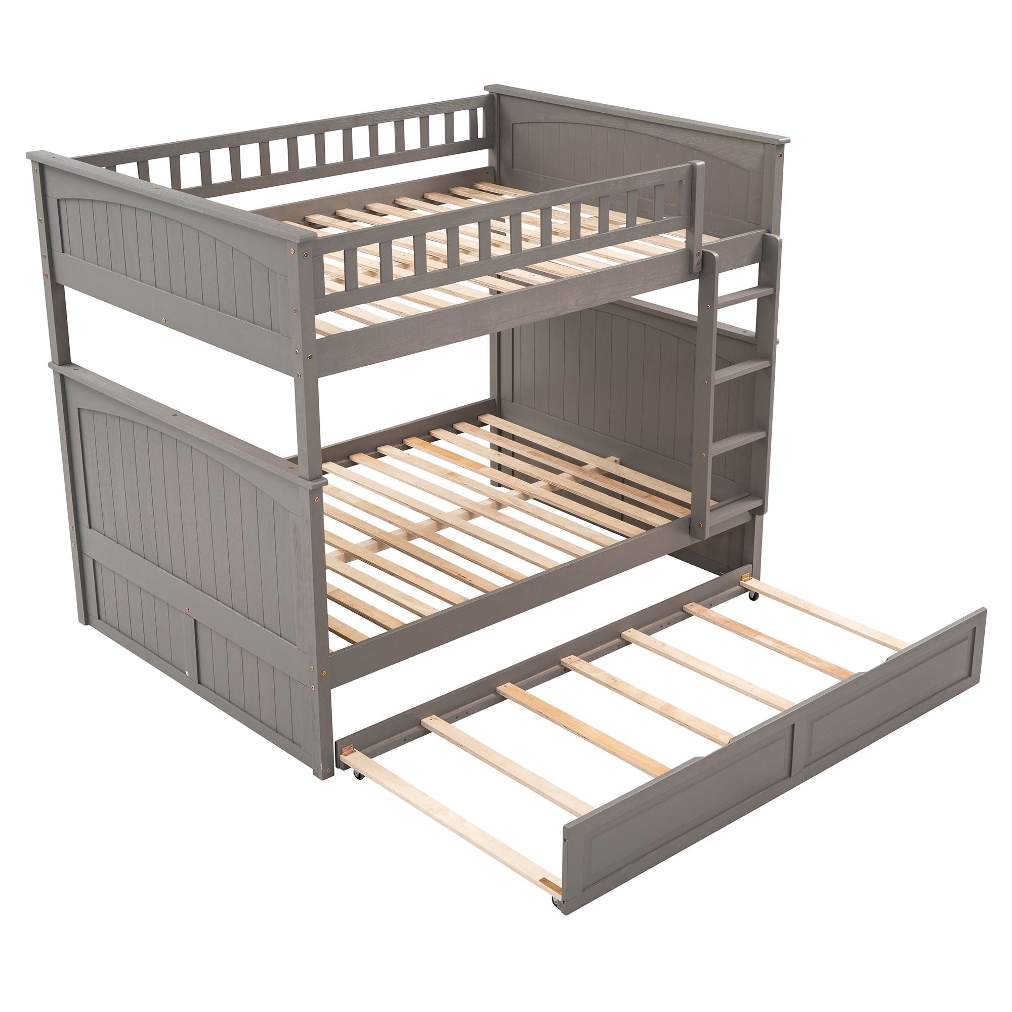 Full Over Full Pine Wood Bunk Bed with Twin Trundle, Guardrails, Brushed Gray | Just Better Bunk Beds