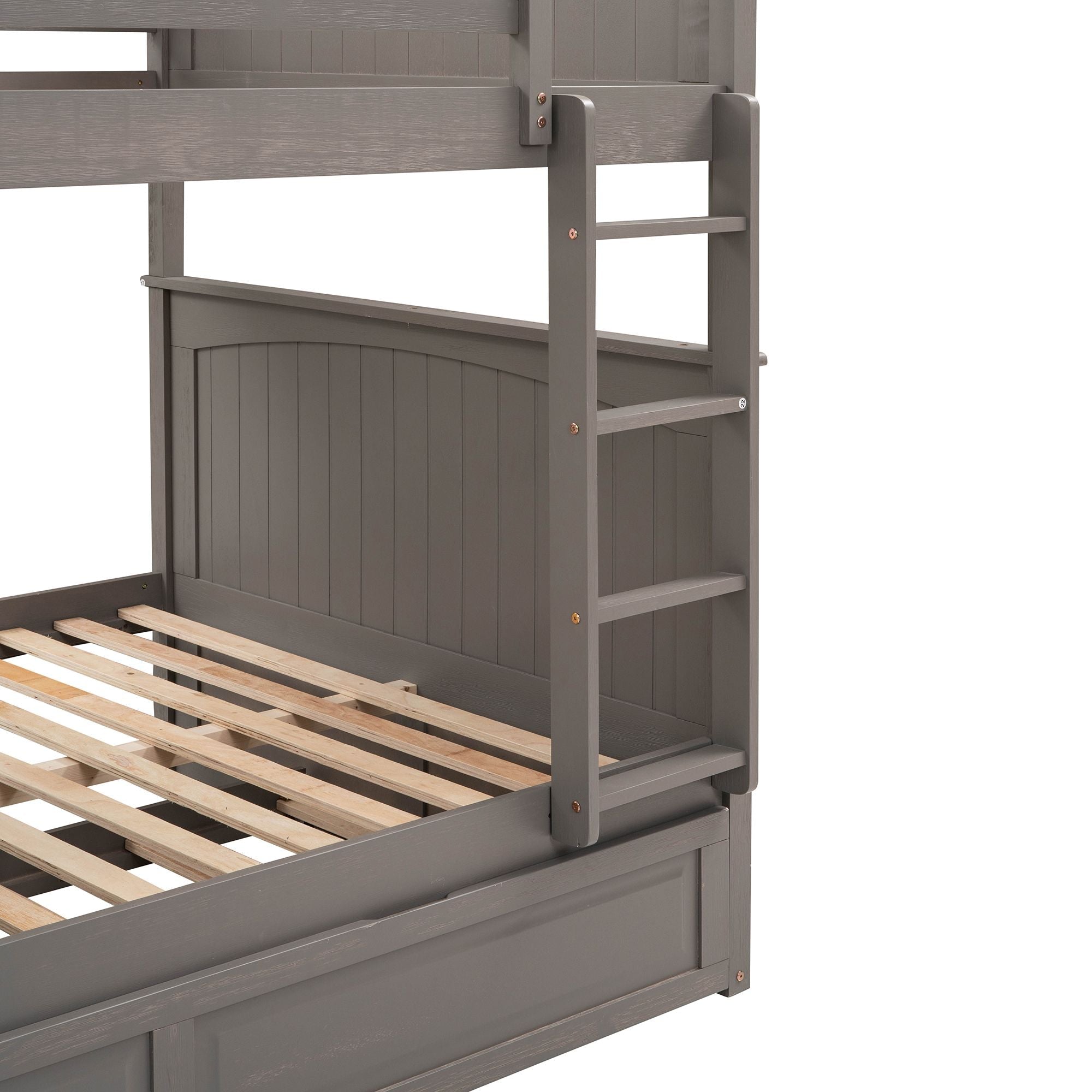 Full Over Full Pine Wood Bunk Bed with Twin Trundle, Guardrails, Brushed Gray | Just Better Bunk Beds