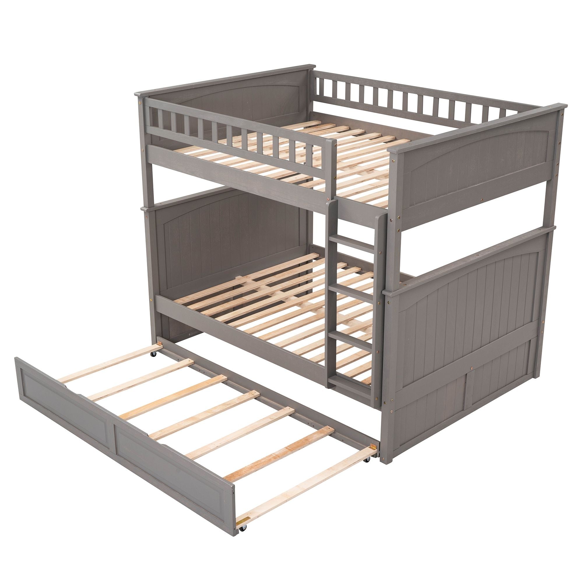 Full Over Full Pine Wood Bunk Bed with Twin Trundle, Guardrails, Brushed Gray | Just Better Bunk Beds