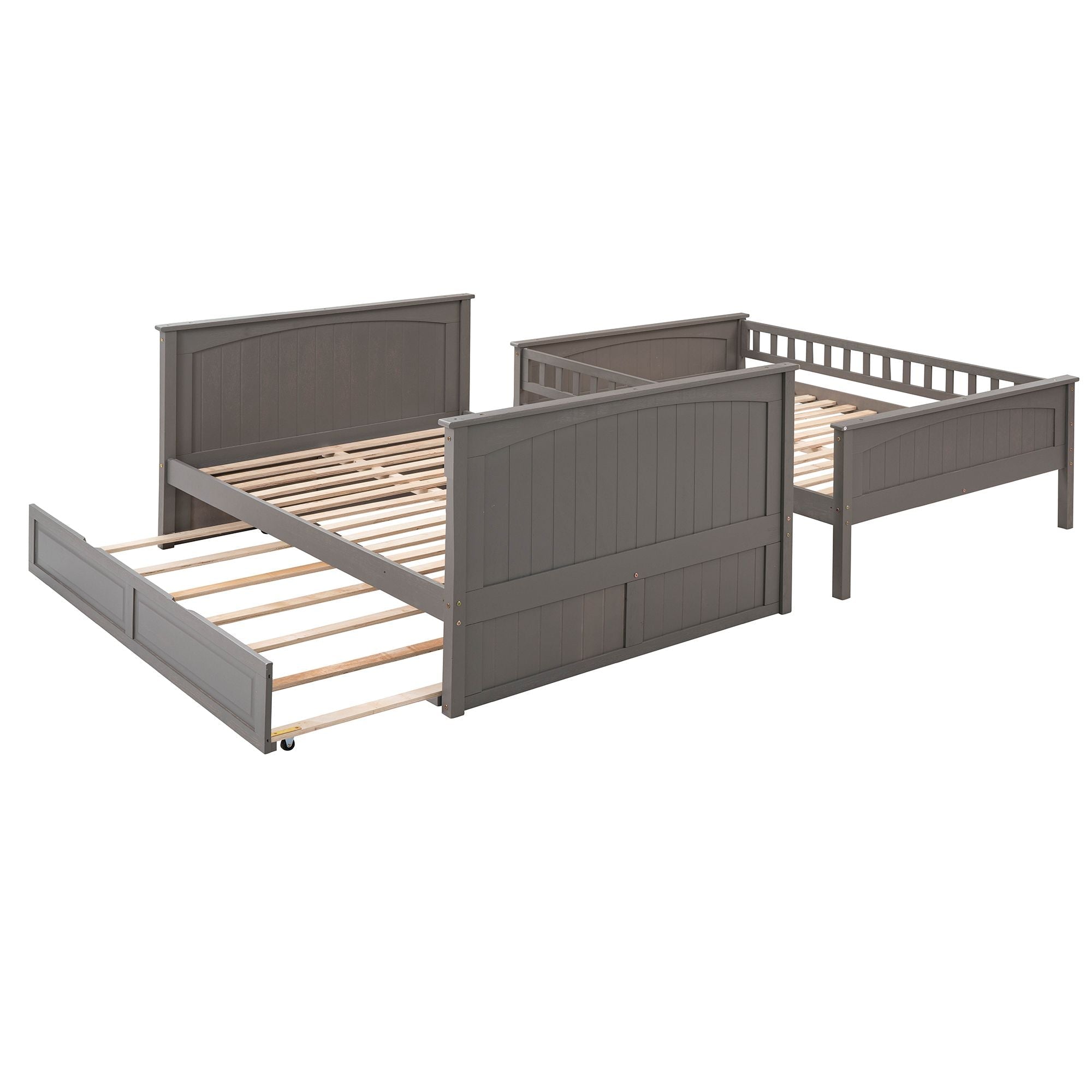 Full Over Full Pine Wood Bunk Bed with Twin Trundle, Guardrails, Brushed Gray | Just Better Bunk Beds