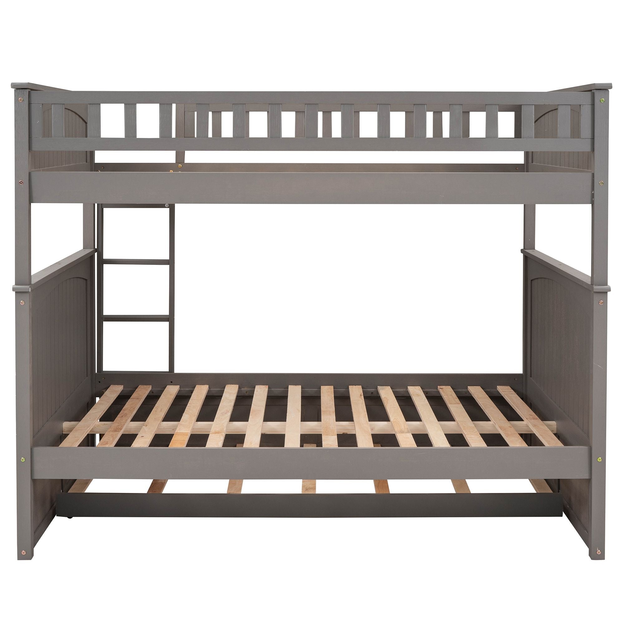 Full Over Full Pine Wood Bunk Bed with Twin Trundle, Guardrails, Brushed Gray | Just Better Bunk Beds