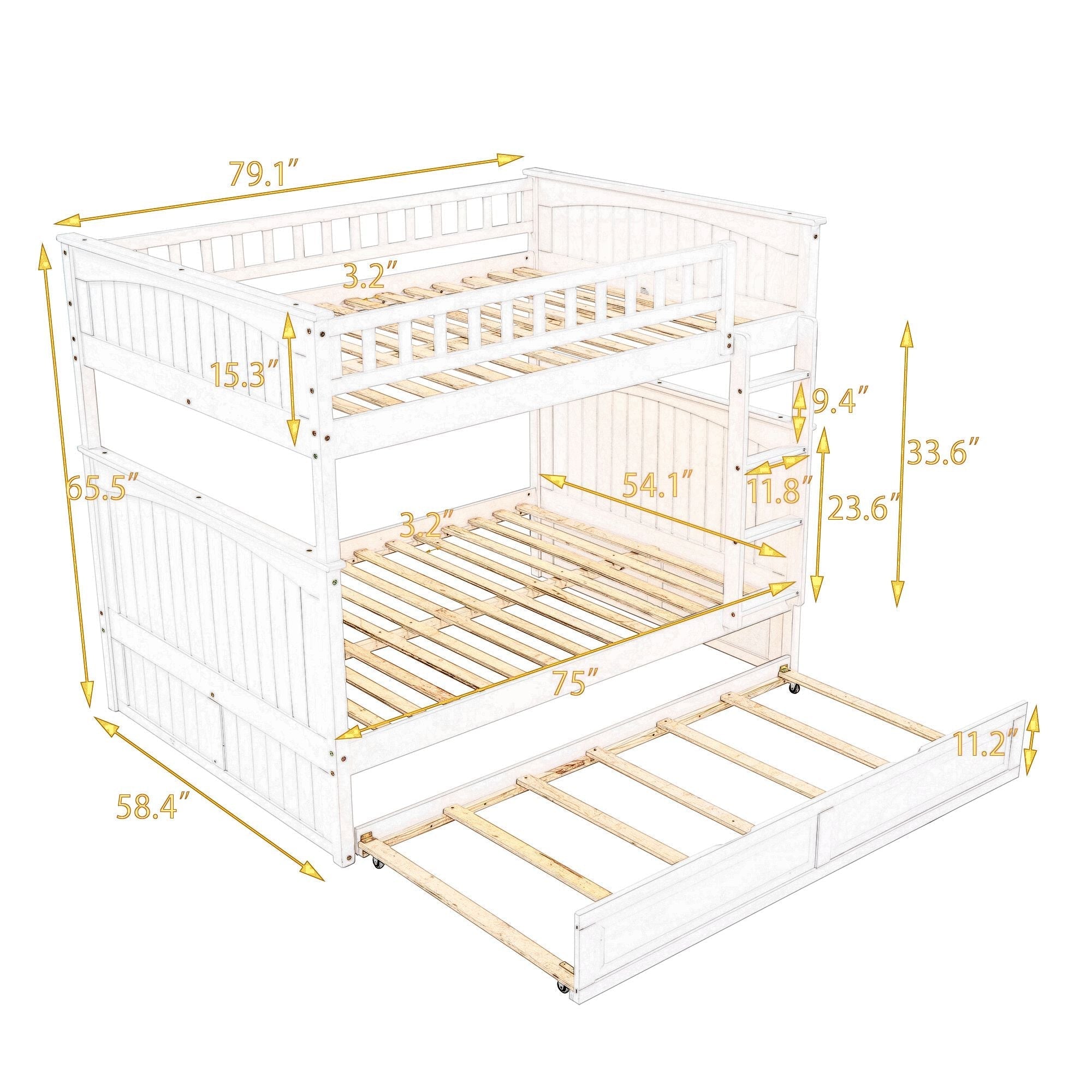 Full Over Full Pine Wood Bunk Bed with Twin Trundle, Guardrails, Brushed Gray | Just Better Bunk Beds