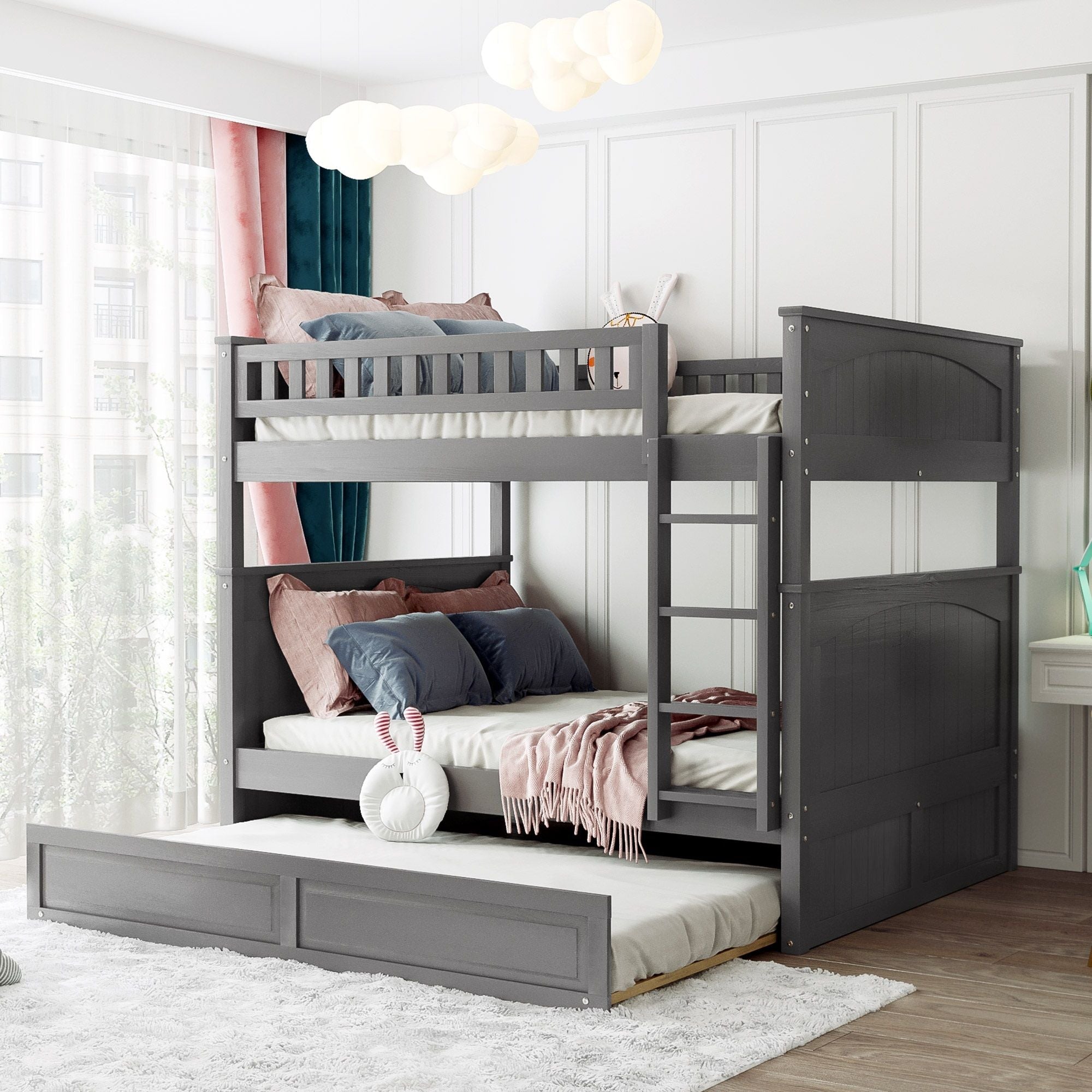 Full Over Full Pine Wood Bunk Bed with Twin Trundle, Guardrails, Brushed Gray | Just Better Bunk Beds