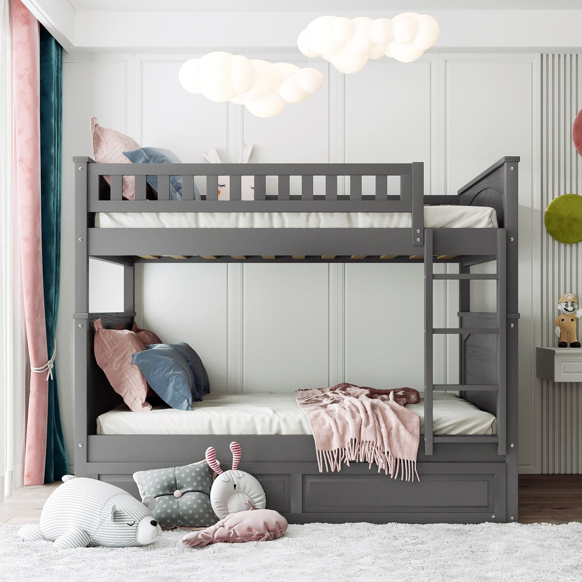 Full Over Full Pine Wood Bunk Bed with Twin Trundle, Guardrails, Brushed Gray | Just Better Bunk Beds
