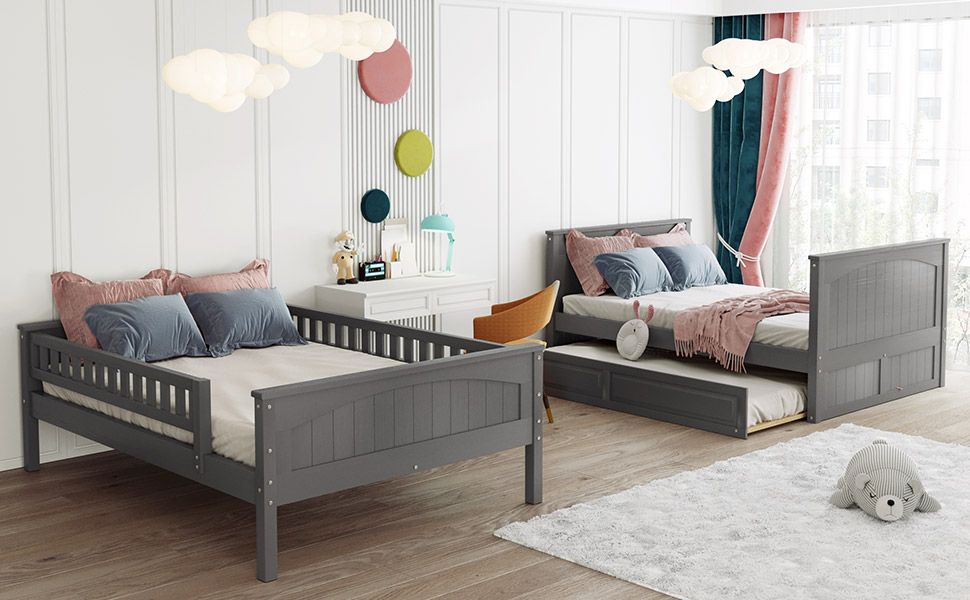 Full Over Full Pine Wood Bunk Bed with Twin Trundle, Guardrails, Brushed Gray | Just Better Bunk Beds
