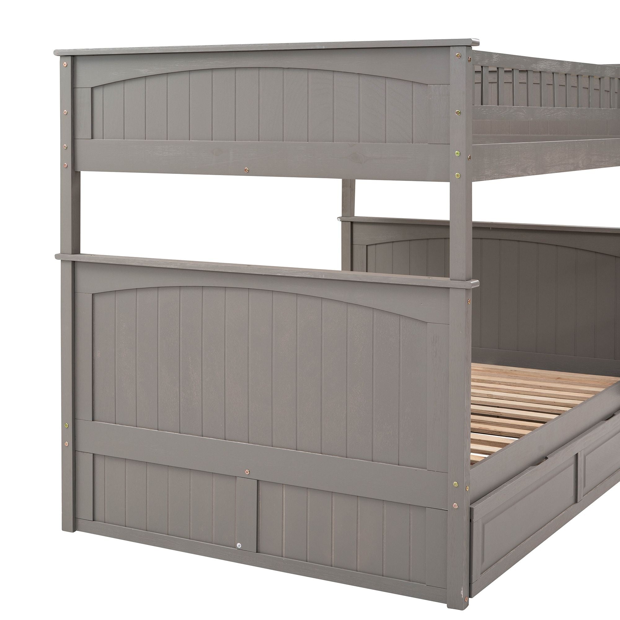 Full Over Full Pine Wood Bunk Bed with Twin Trundle, Guardrails, Brushed Gray | Just Better Bunk Beds