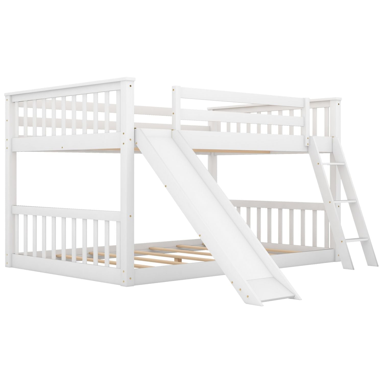 Full Over Full Wood Bunk Bed with Convertible Slide and Ladder, White, Pine & MDF | Just Better Bunk Beds