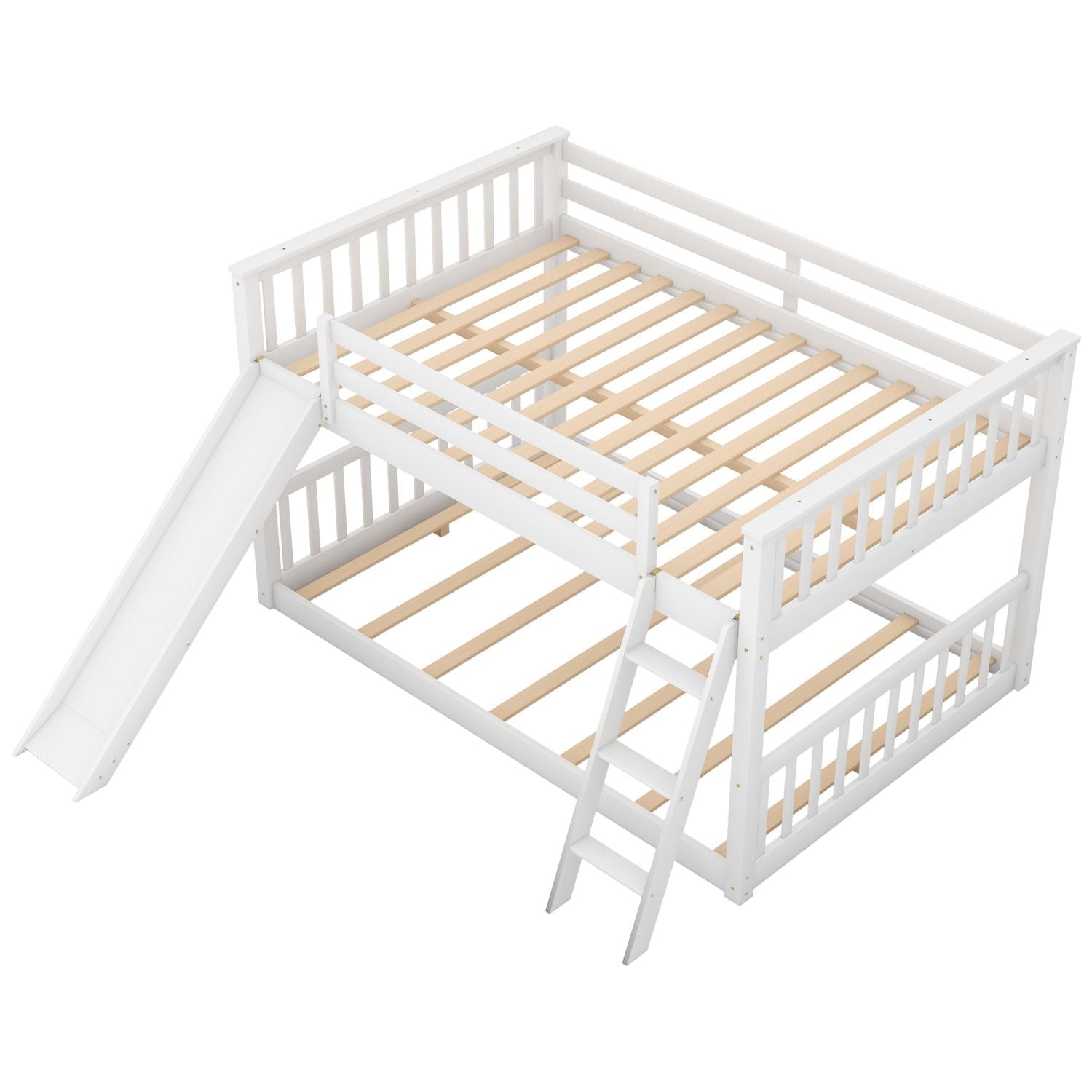 Full Over Full Wood Bunk Bed with Convertible Slide and Ladder, White, Pine Wood & MDF | Just Better Bunk Beds