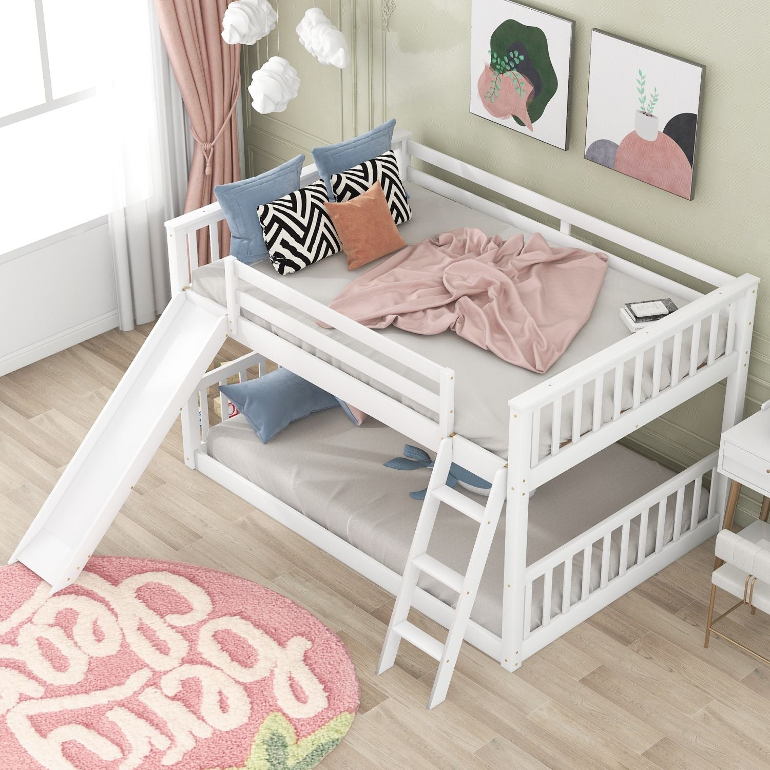 Full Over Full Wood Bunk Bed with Convertible Slide and Ladder, White, Pine Wood & MDF | Just Better Bunk Beds