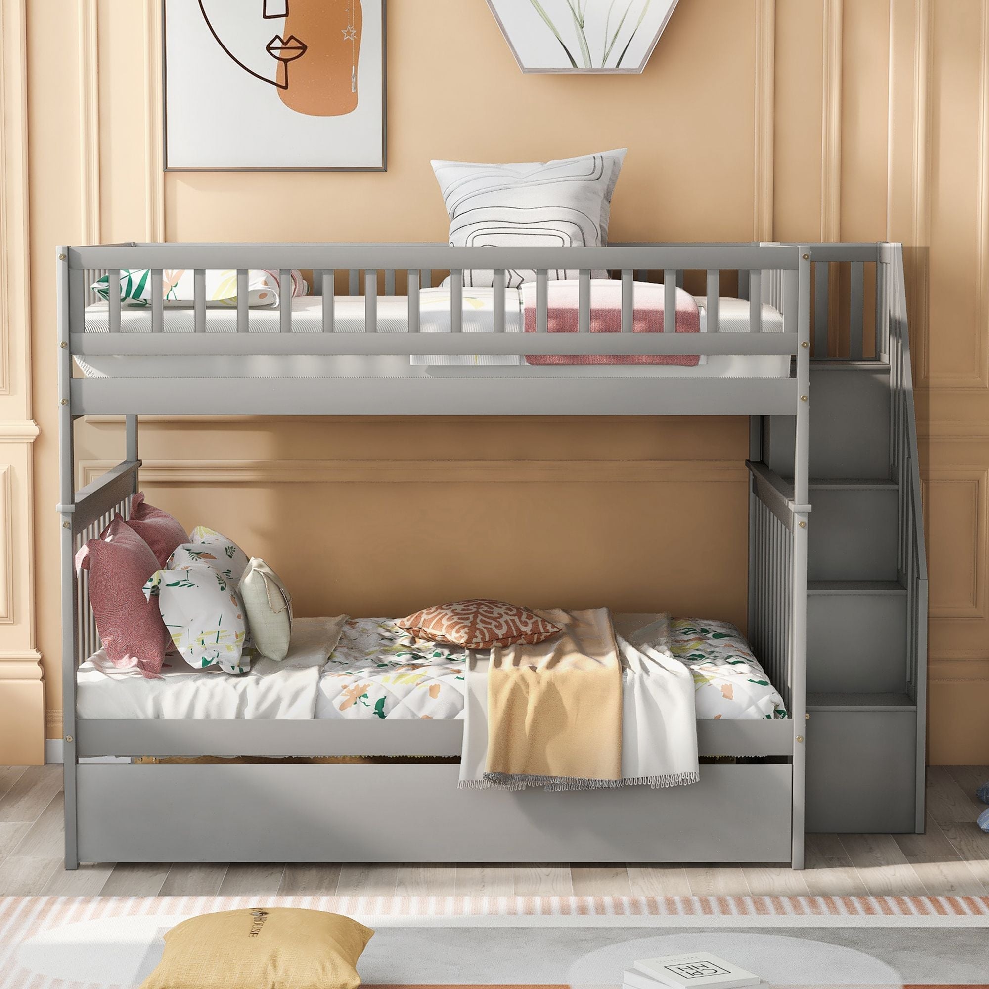 Full Over Full Wood Bunk Bed with Staircase Storage and Trundle in Gray for Kids Shared Rooms | Just Better Bunk Beds