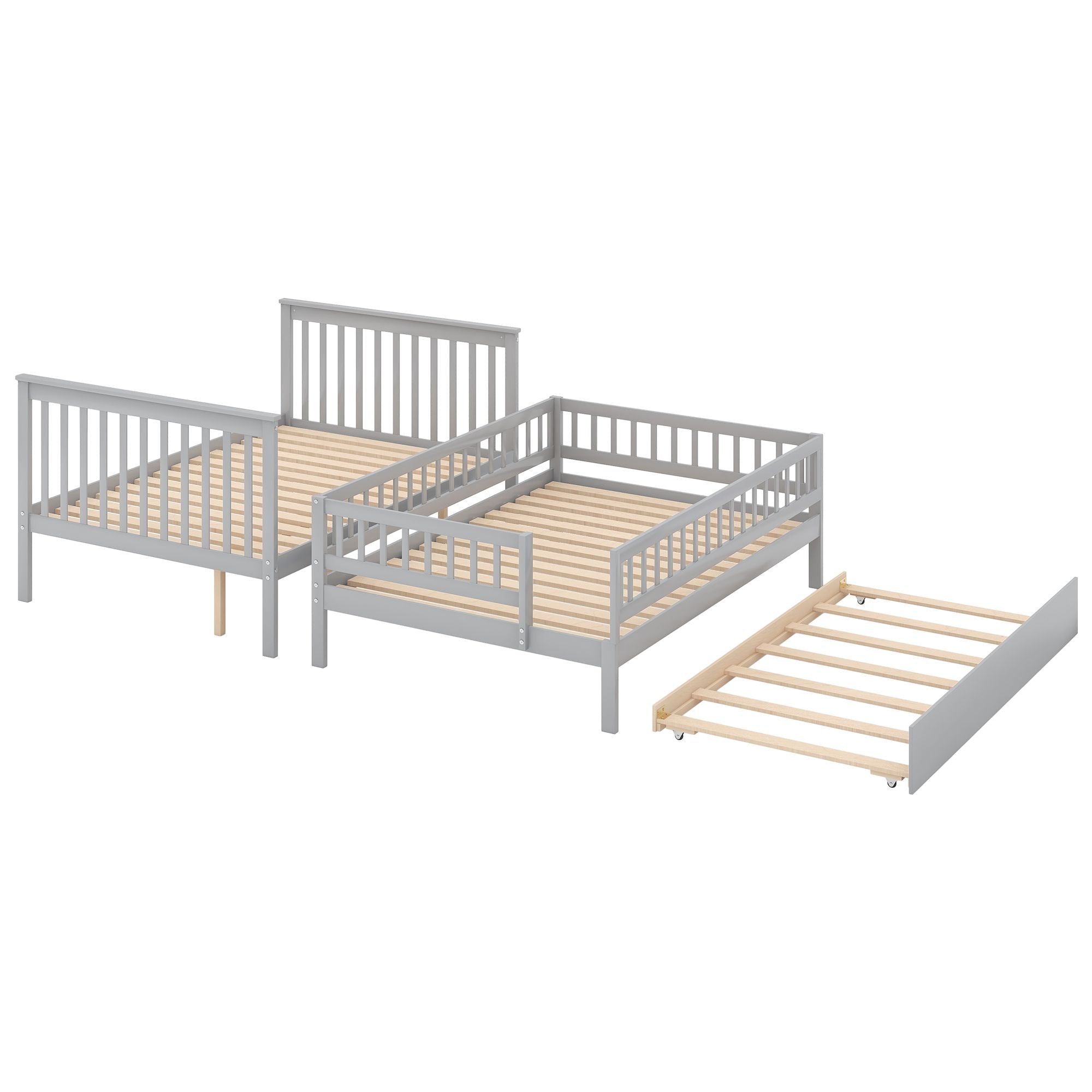 Full Over Full Wood Bunk Bed with Staircase Storage and Trundle in Gray for Kids Shared Rooms | Just Better Bunk Beds