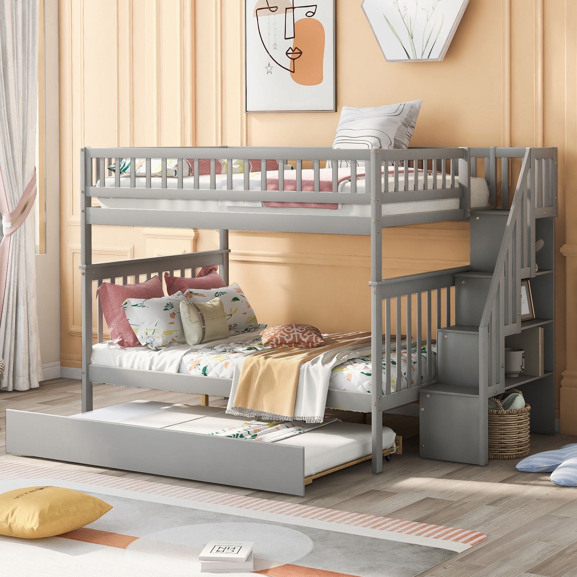 Full Over Full Wood Bunk Bed with Staircase Storage and Trundle in Gray for Kids Shared Rooms | Just Better Bunk Beds