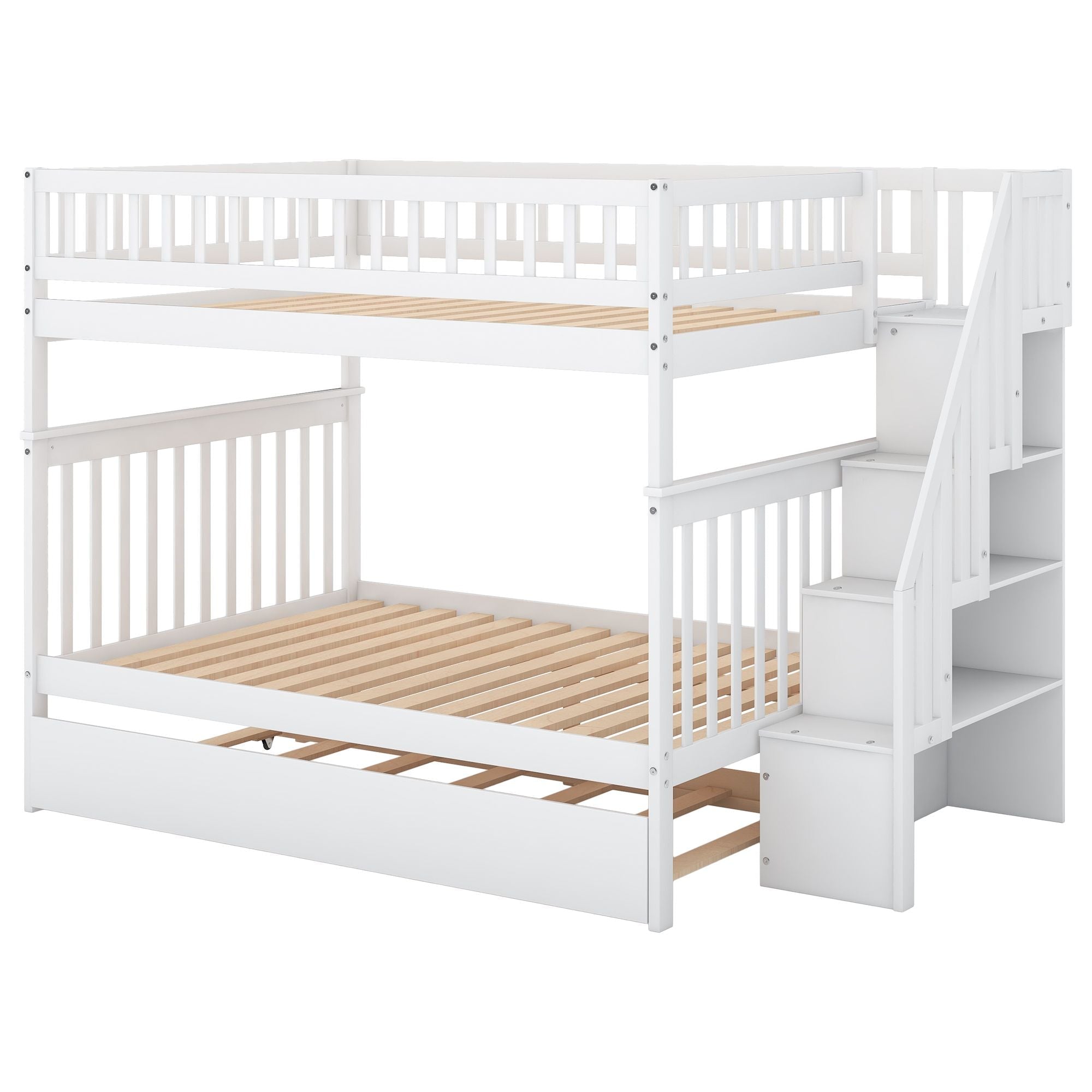 Full Over Full Wood Bunk Bed with Staircase Storage and Trundle, White | Just Better Bunk Beds