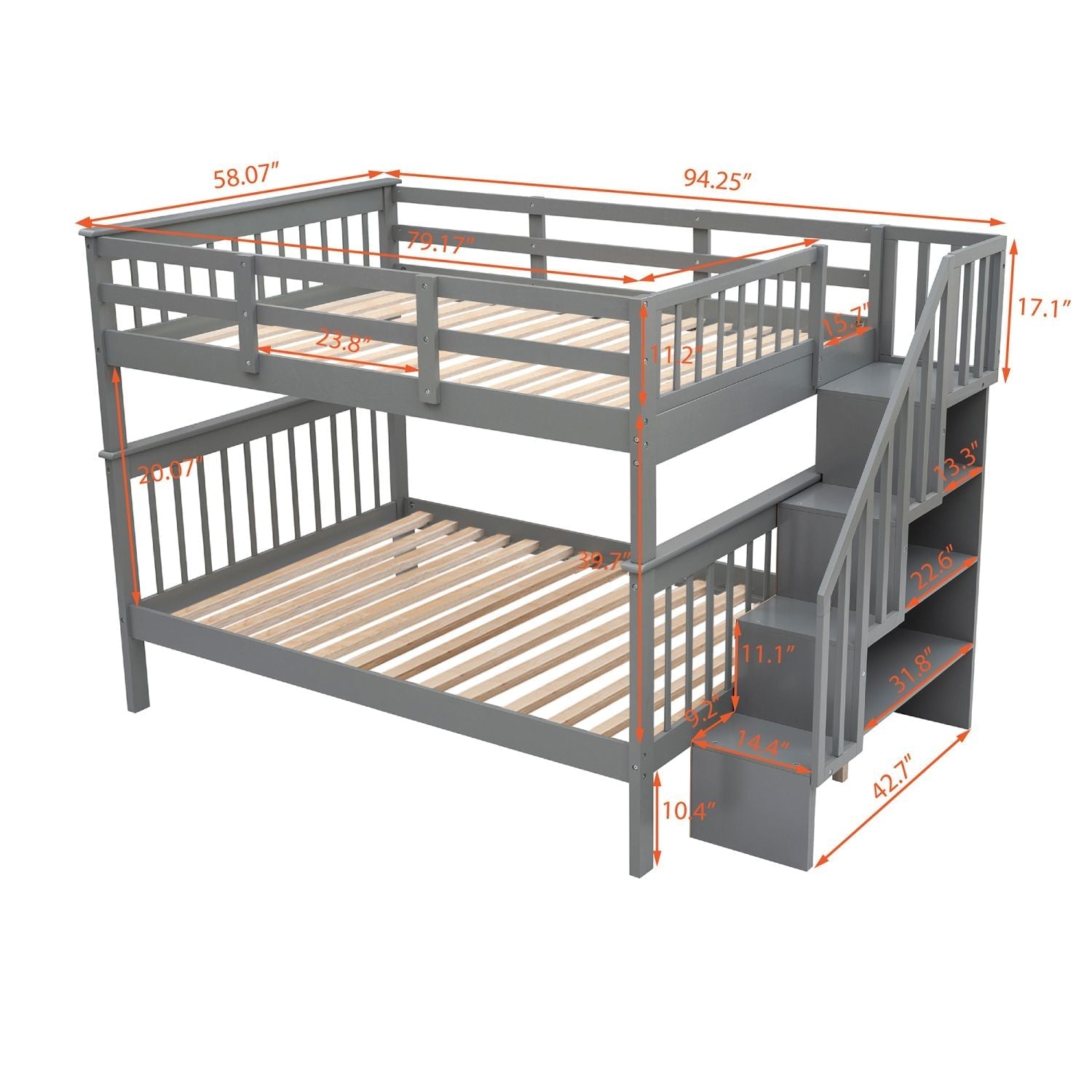 Full Over Full Wood Bunk Bed with Staircase Storage Gray Durable Pinewood | Just Better Bunk Beds