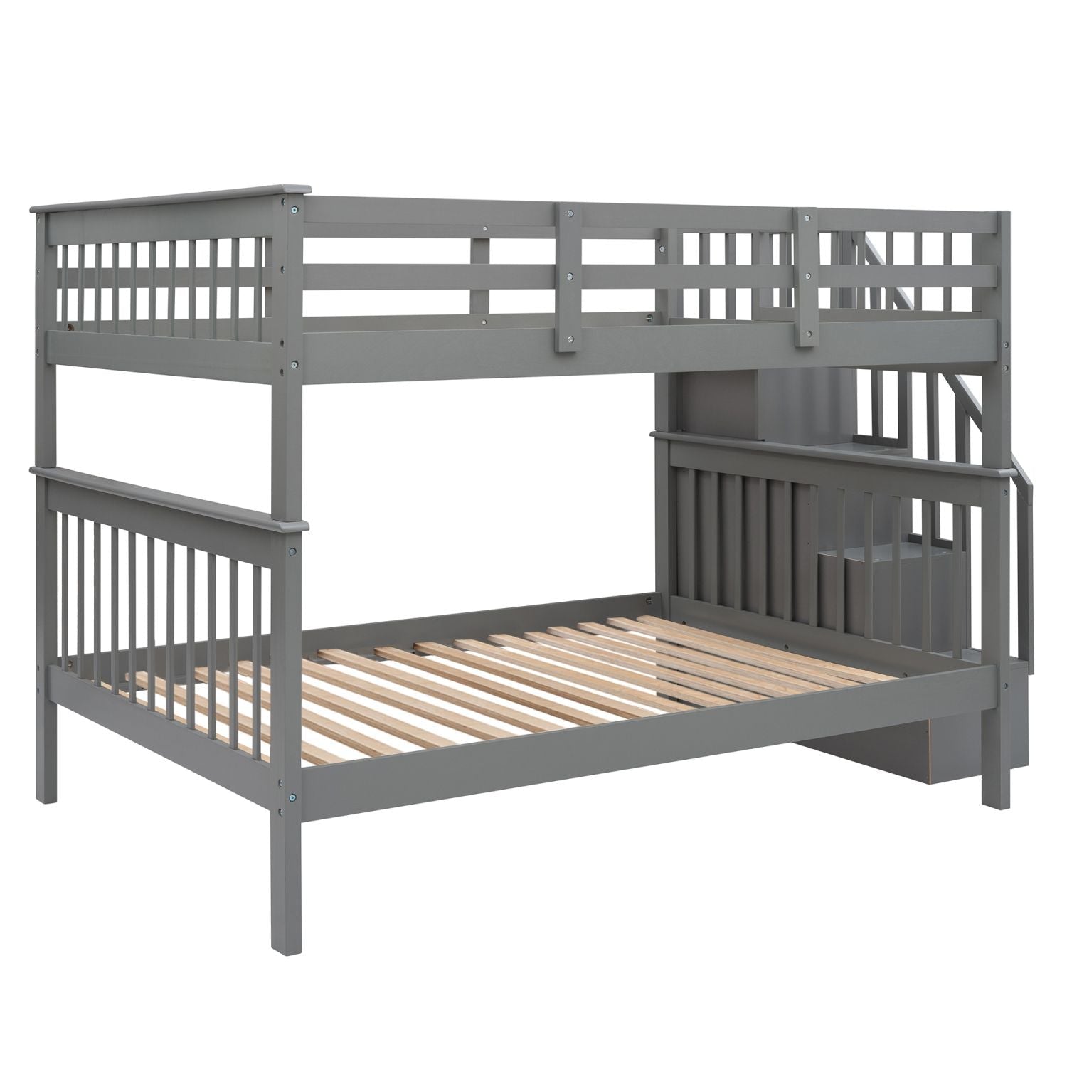 Full Over Full Wood Bunk Bed with Staircase Storage Gray Durable Pinewood | Just Better Bunk Beds