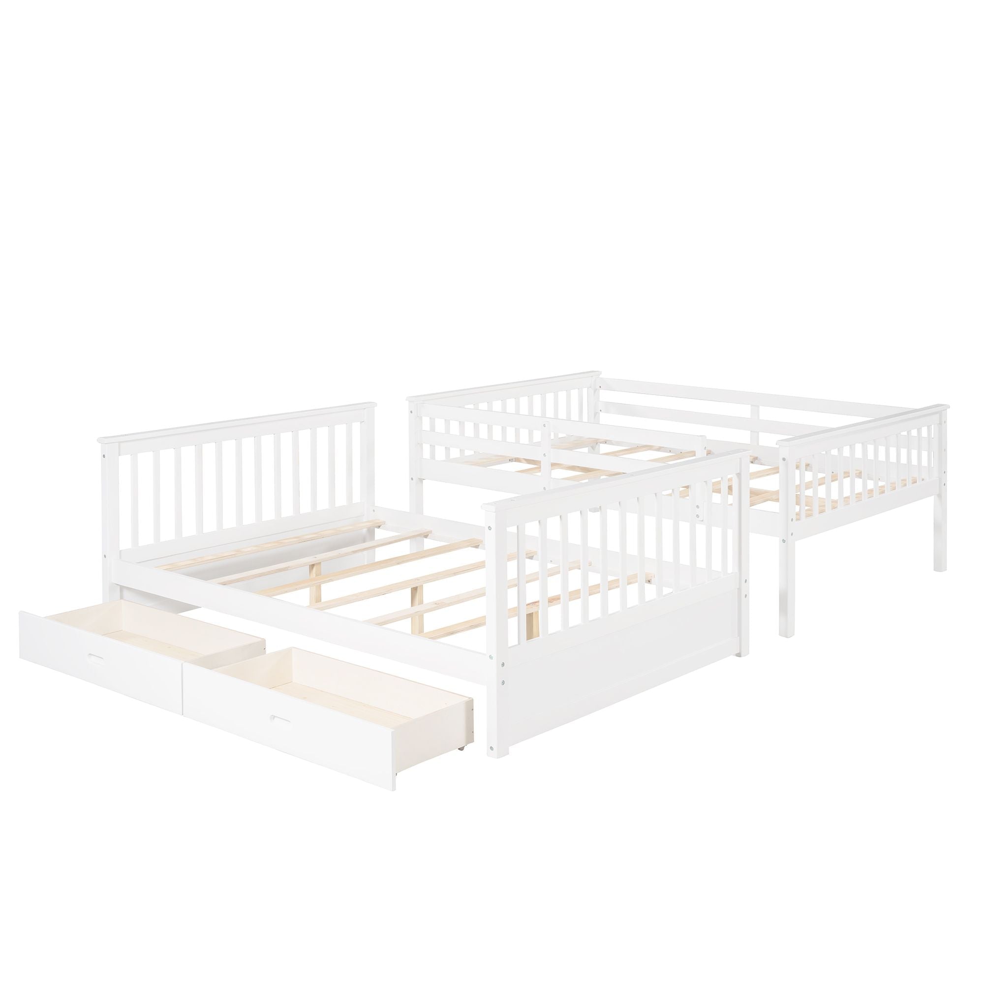 Full Over Full Wood Bunk Bed with Storage Drawers and Ladders in White | Just Better Bunk Beds