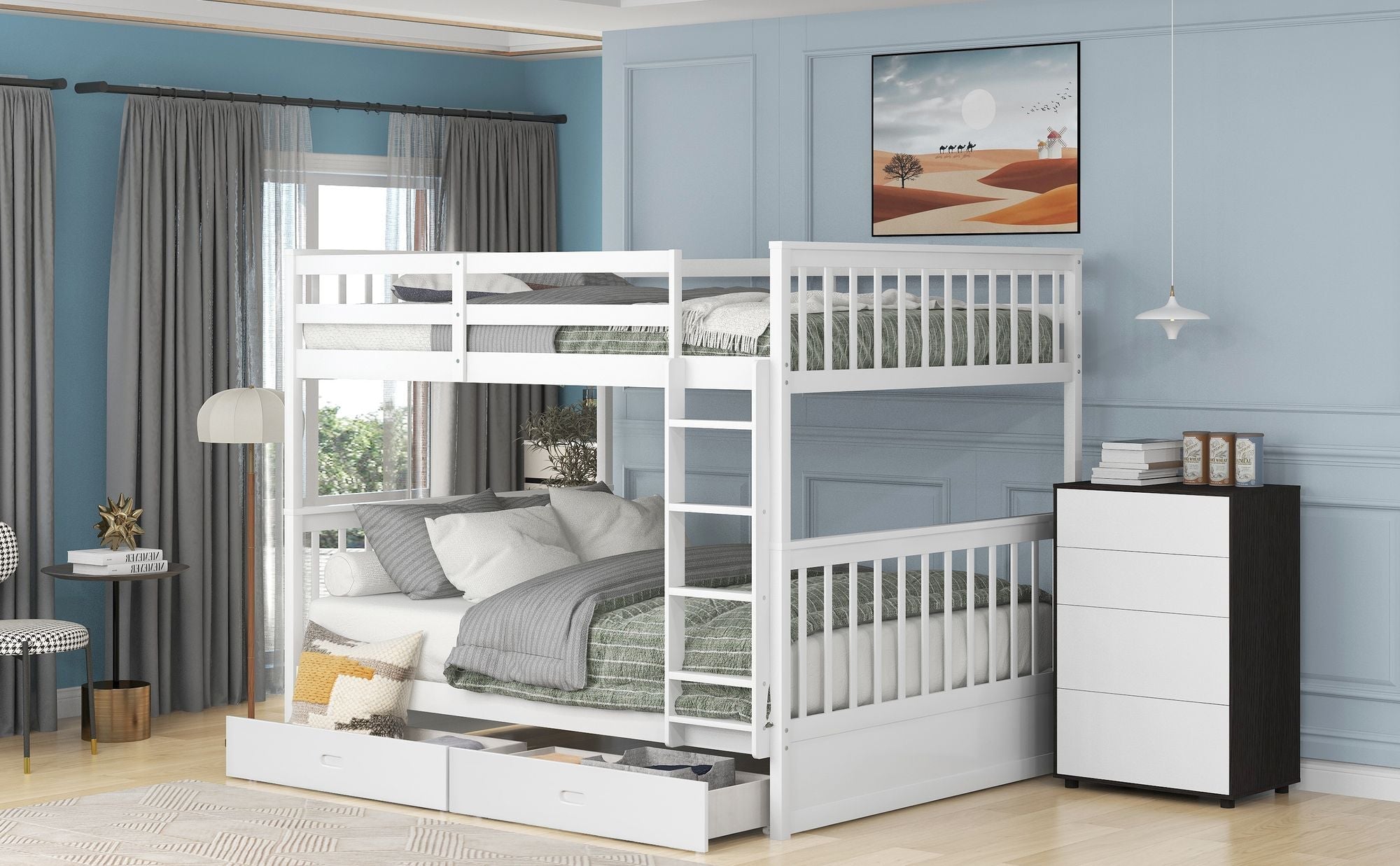 Full Over Full Wood Bunk Bed with Storage Drawers and Ladders in White | Just Better Bunk Beds
