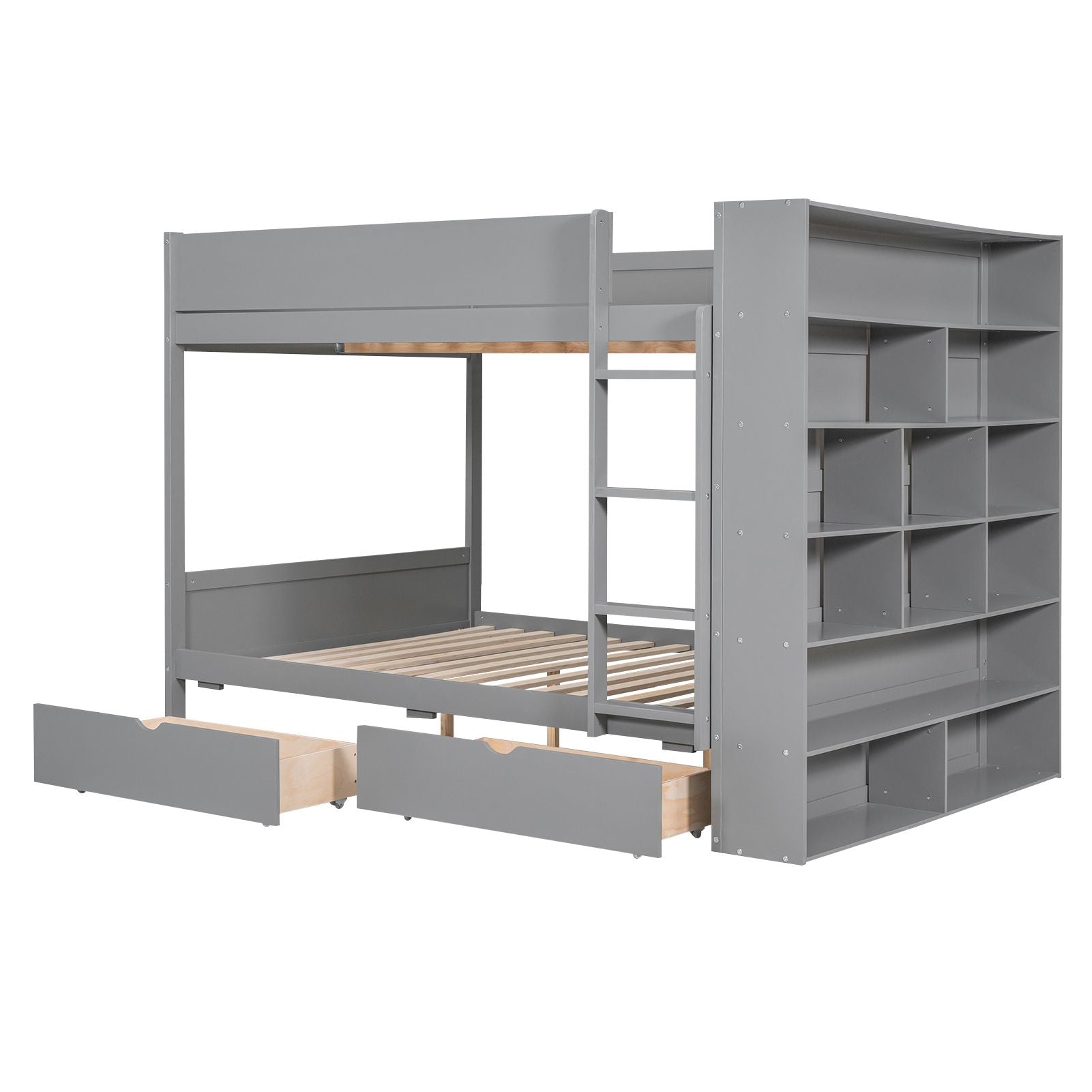Full Over Full Wood Bunk Bed with Storage Drawers and Multi-Layer Cabinet, Gray | Just Better Bunk Beds