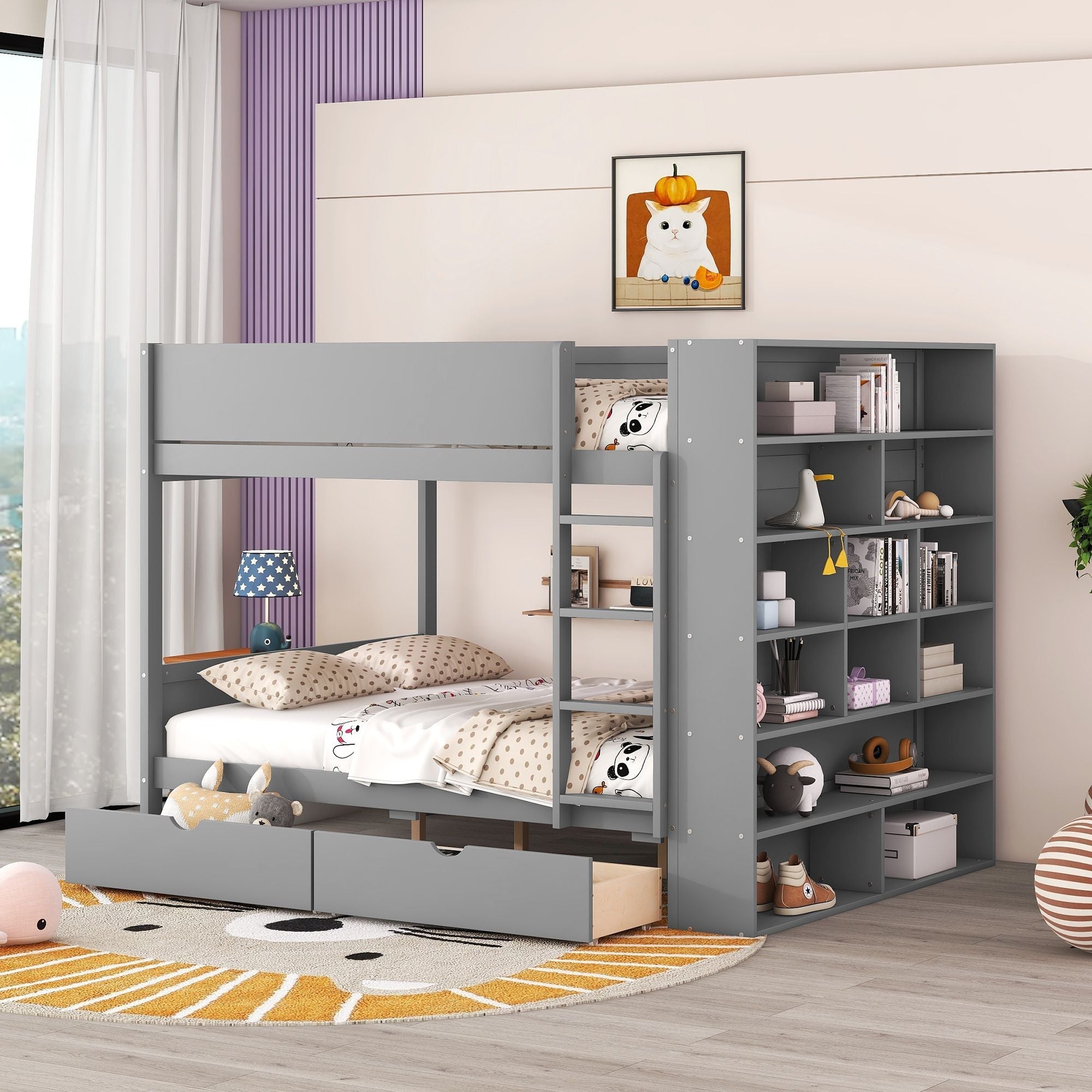 Full Over Full Wood Bunk Bed with Storage Drawers and Multi-Layer Cabinet, Gray | Just Better Bunk Beds
