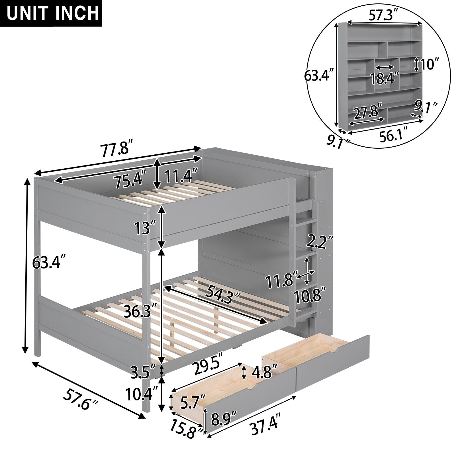 Full Over Full Wood Bunk Bed with Storage Drawers and Multi-Layer Cabinet, Gray | Just Better Bunk Beds