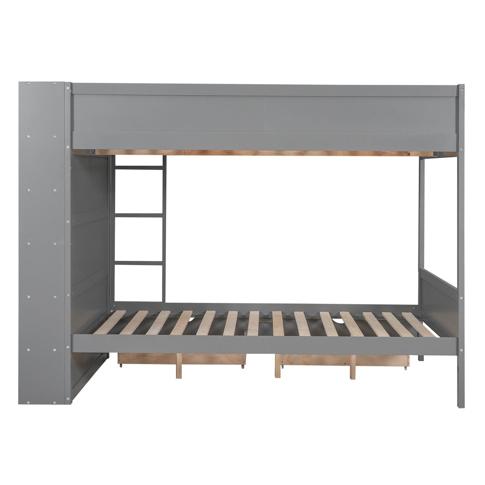 Full Over Full Wood Bunk Bed with Storage Drawers and Multi-Layer Cabinet, Gray | Just Better Bunk Beds