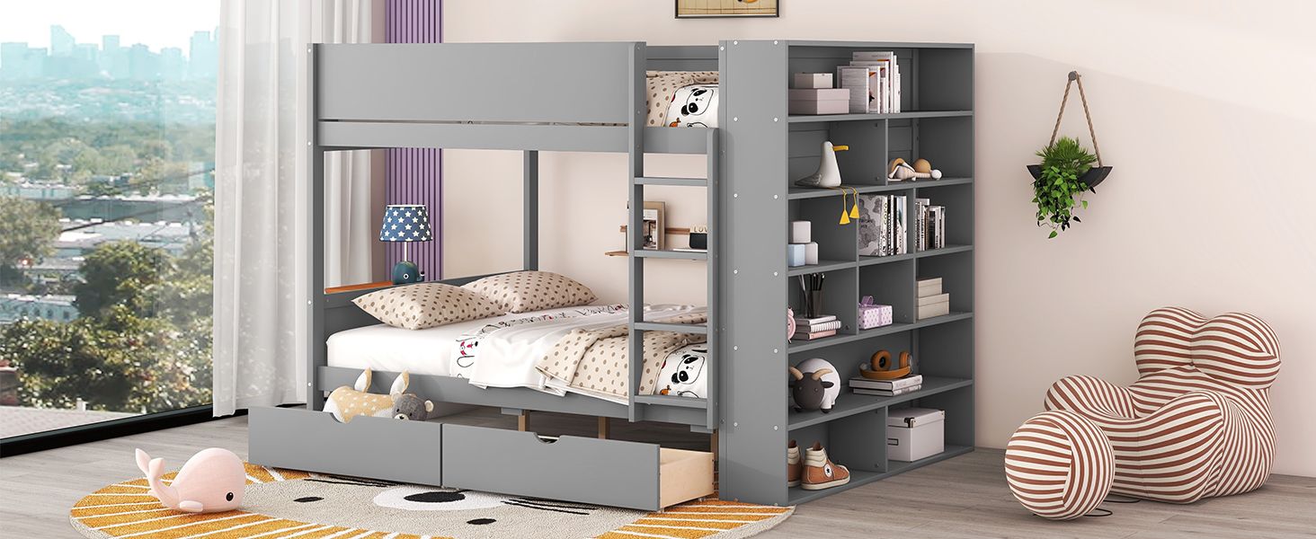 Full Over Full Wood Bunk Bed with Storage Drawers and Multi-Layer Cabinet, Gray | Just Better Bunk Beds