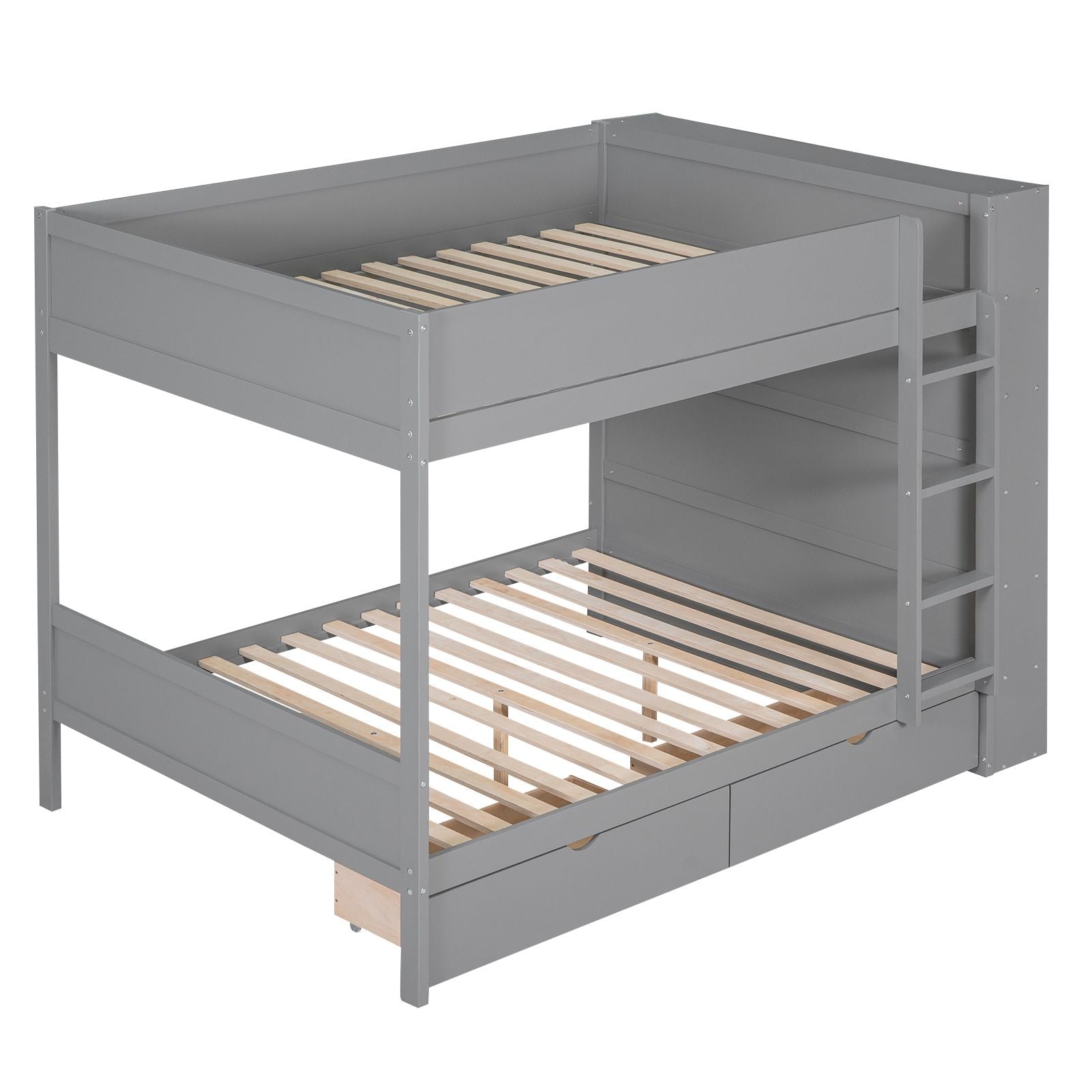 Full Over Full Wood Bunk Bed with Storage Drawers and Multi-Layer Cabinet, Gray | Just Better Bunk Beds