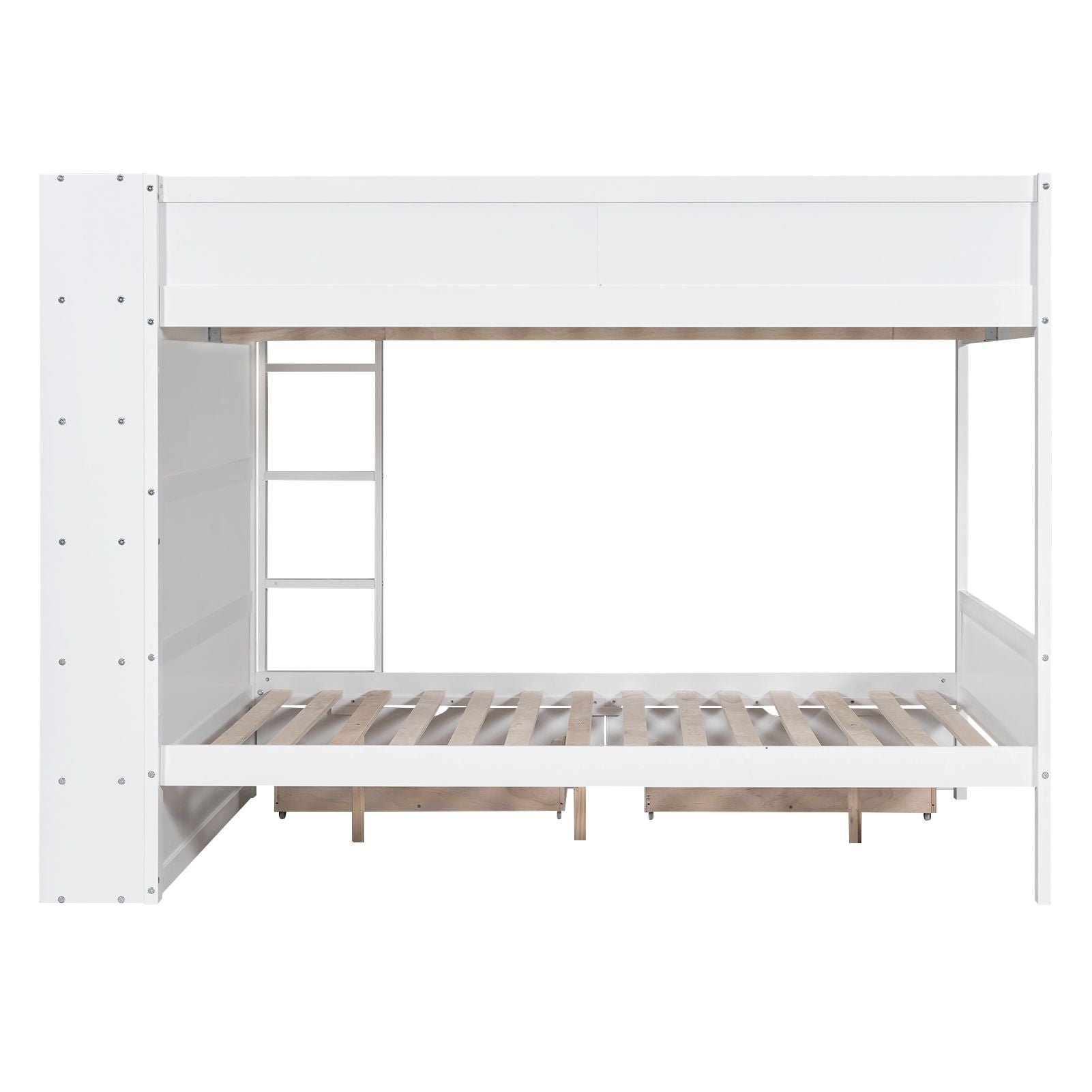 Full Over Full Wood Bunk Bed with Storage Drawers and Multi-Layer Cabinet, White | Just Better Bunk Beds