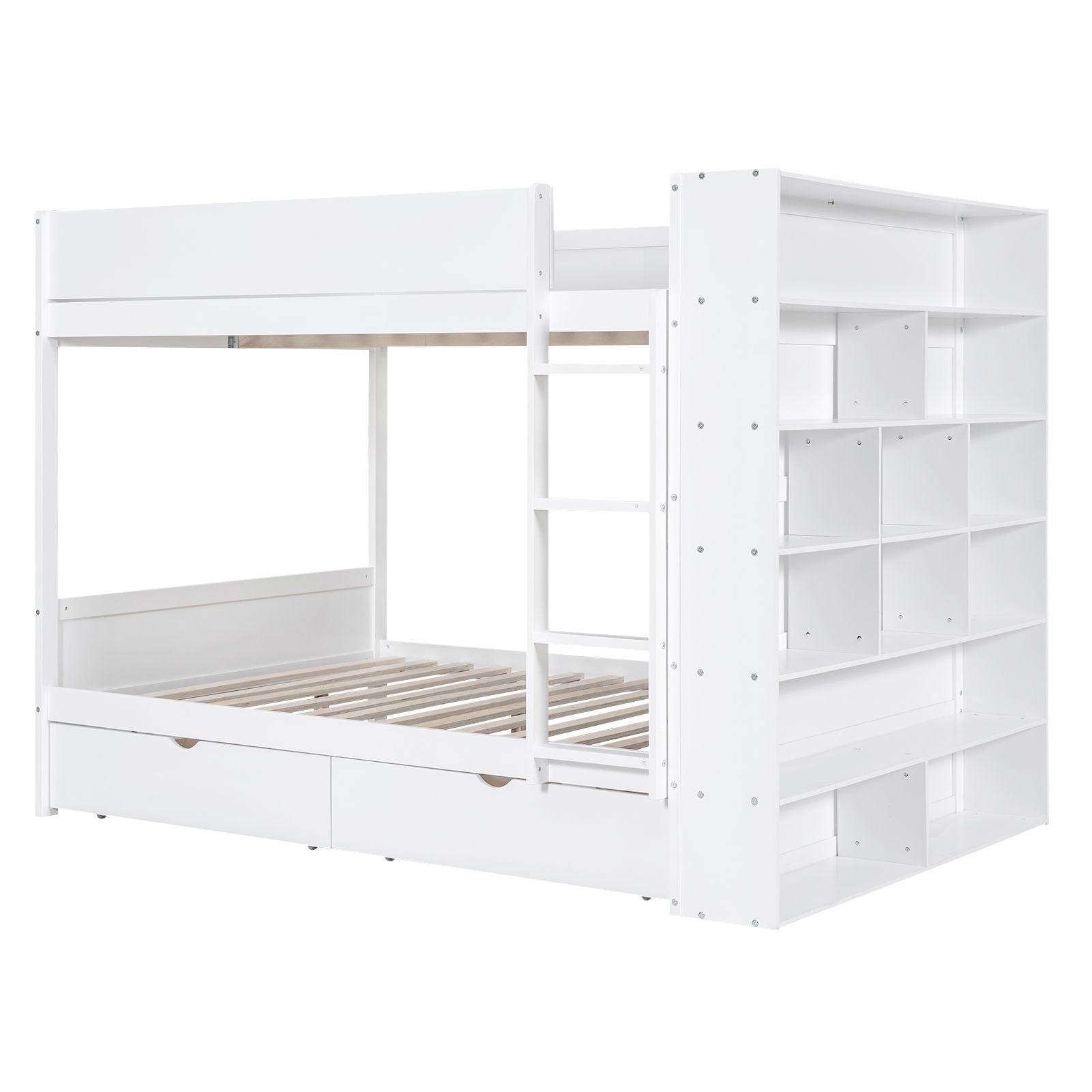Full Over Full Wood Bunk Bed with Storage Drawers and Multi-Layer Cabinet, White | Just Better Bunk Beds
