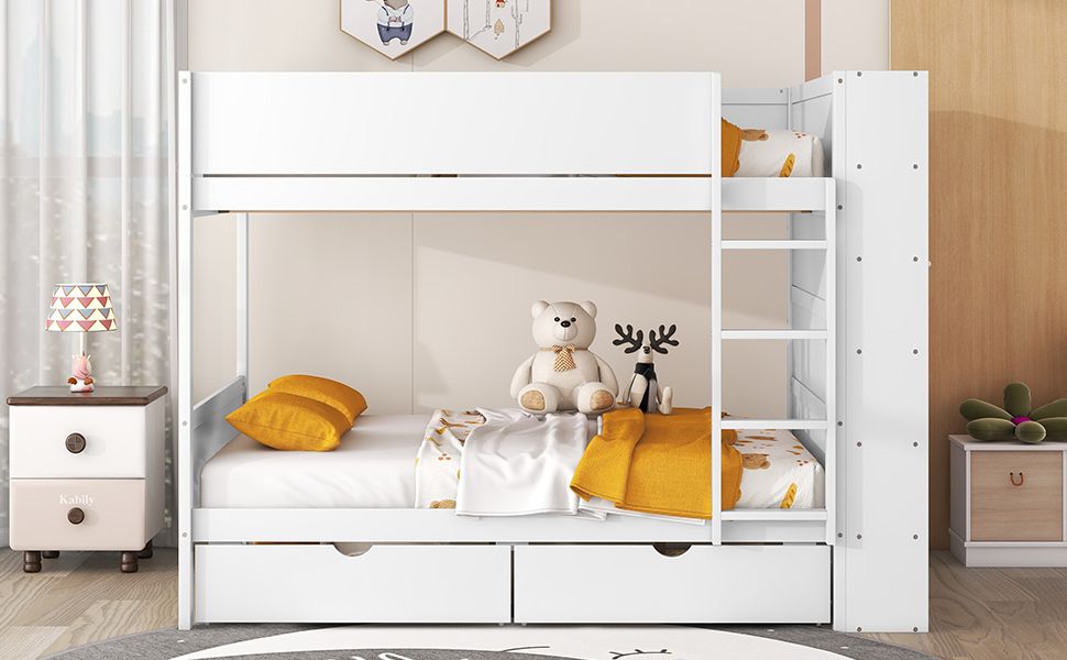Full Over Full Wood Bunk Bed with Storage Drawers and Multi-Layer Cabinet, White | Just Better Bunk Beds