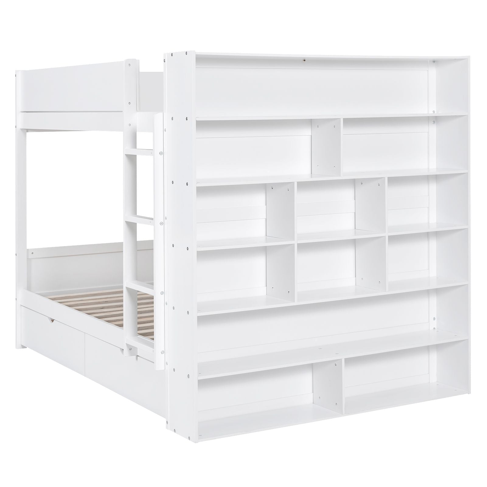 Full Over Full Wood Bunk Bed with Storage Drawers and Multi-Layer Cabinet, White | Just Better Bunk Beds