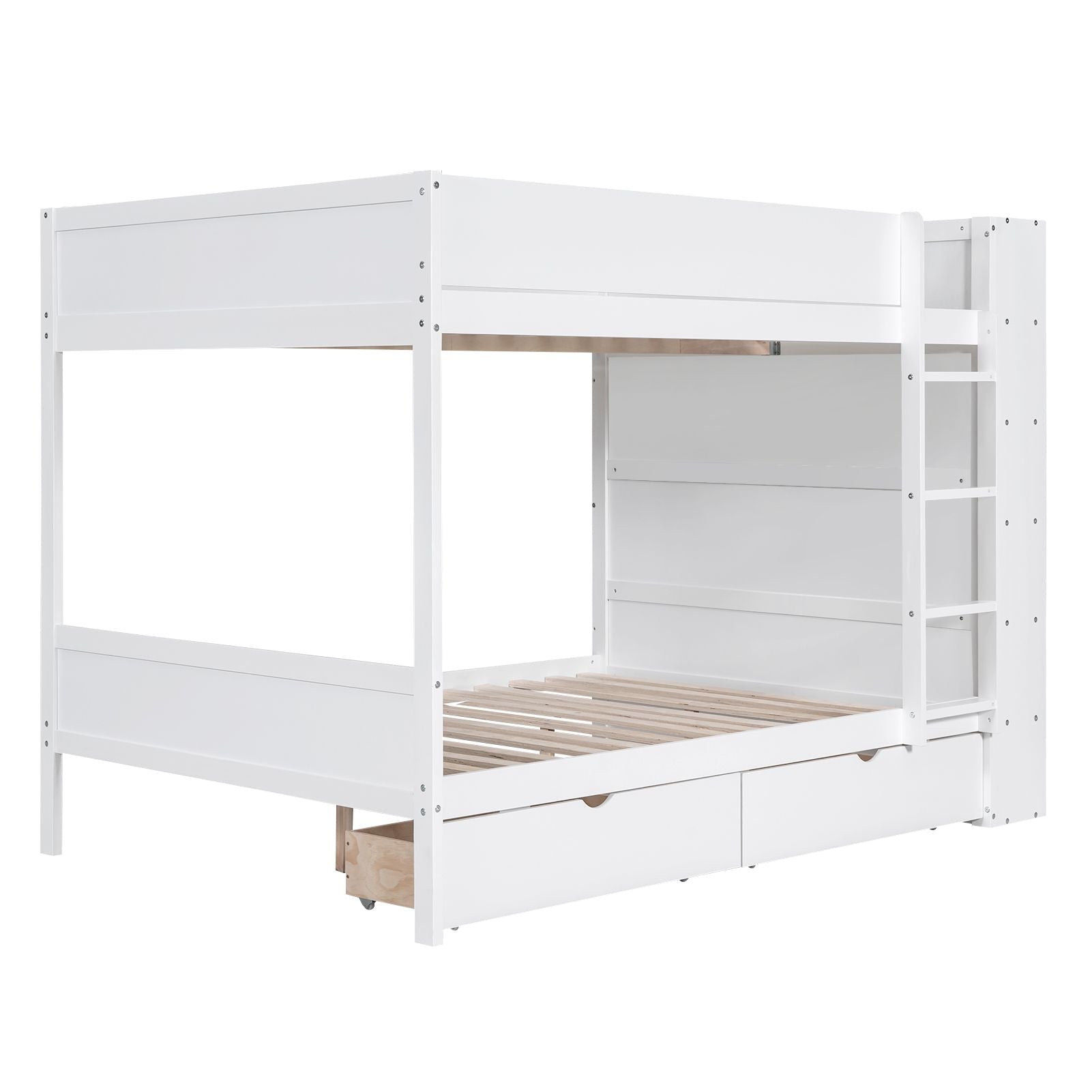 Full Over Full Wood Bunk Bed with Storage Drawers and Multi-Layer Cabinet, White | Just Better Bunk Beds