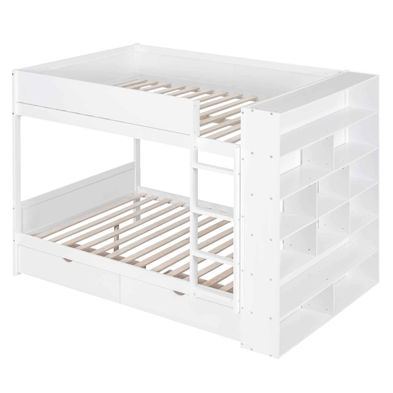 Full Over Full Wood Bunk Bed with Storage Drawers and Multi-Layer Cabinet, White | Just Better Bunk Beds