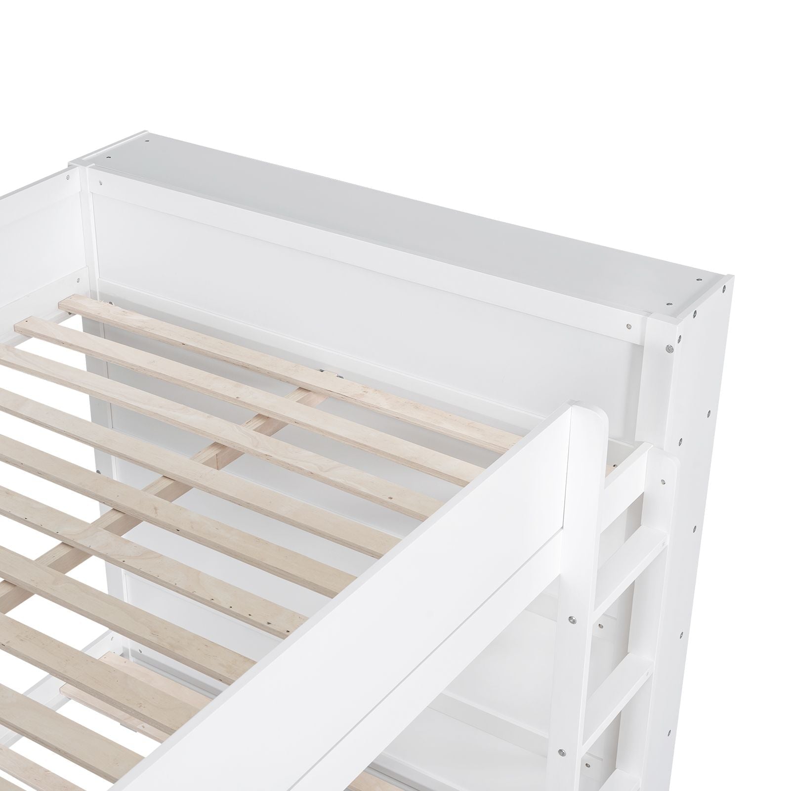 Full Over Full Wood Bunk Bed with Storage Drawers and Multi-Layer Cabinet, White | Just Better Bunk Beds