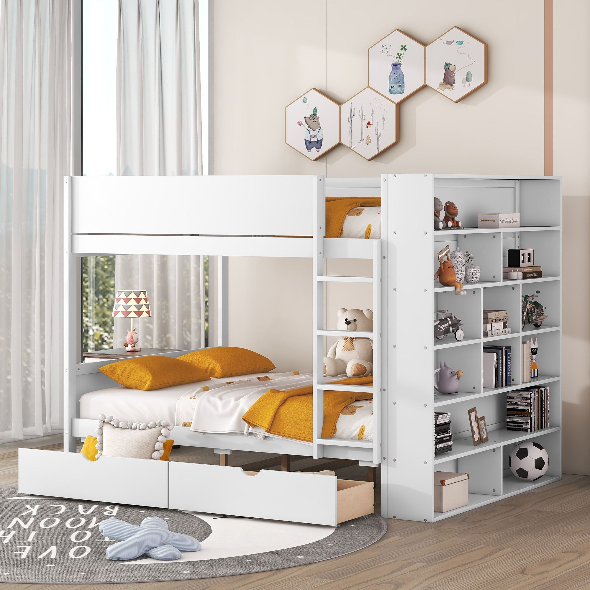 Full Over Full Wood Bunk Bed with Storage Drawers and Multi-Layer Cabinet, White | Just Better Bunk Beds