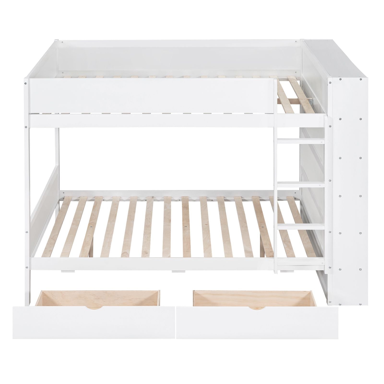 Full Over Full Wood Bunk Bed with Storage Drawers and Multi-Layer Cabinet, White | Just Better Bunk Beds