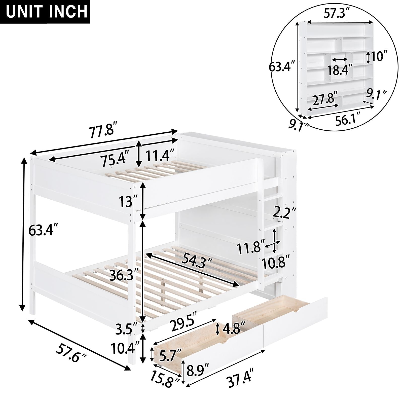 Full Over Full Wood Bunk Bed with Storage Drawers and Multi-Layer Cabinet, White | Just Better Bunk Beds