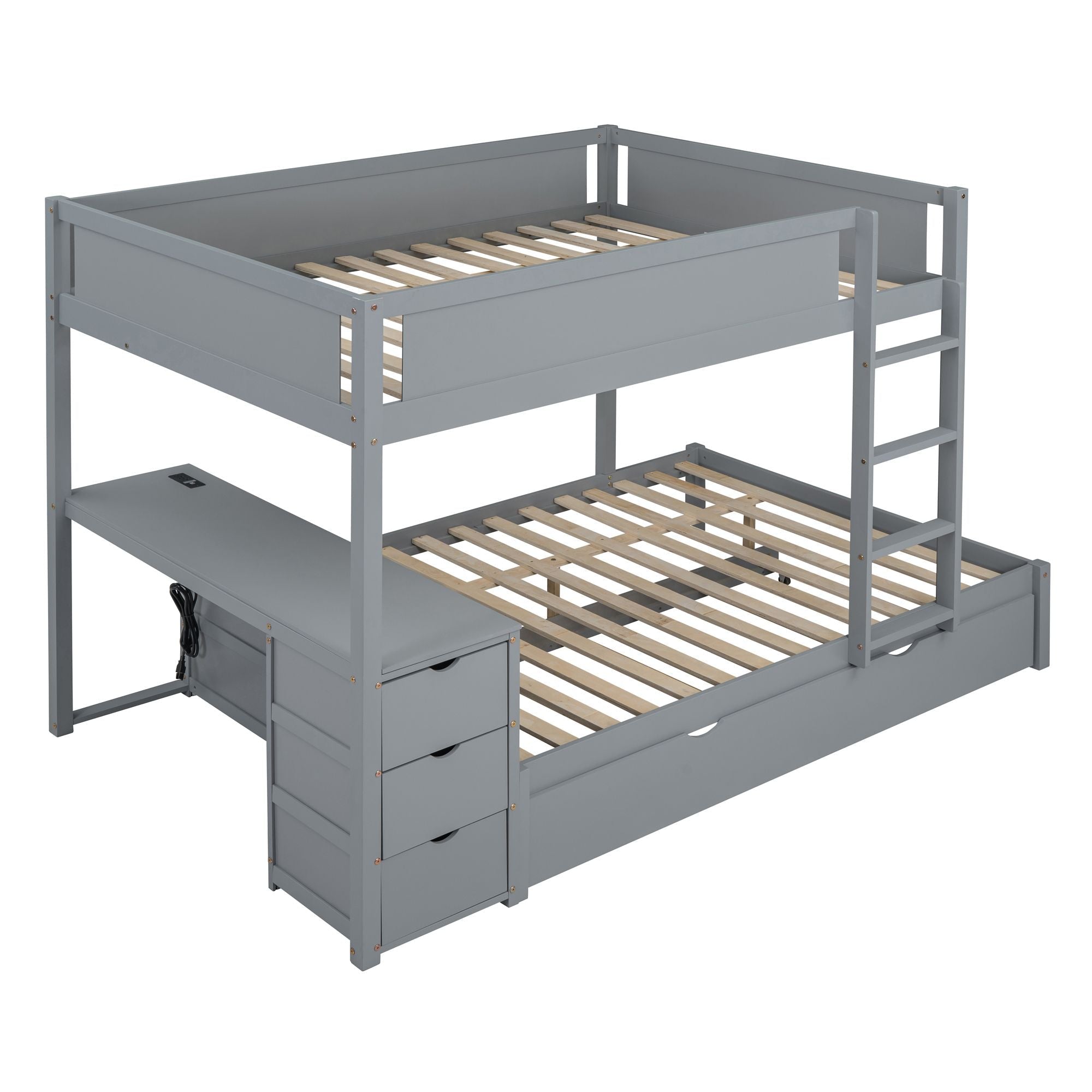 Full Over Full Wood Bunk Bed with Trundle, Storage Drawers, Desk, Gray | Just Better Bunk Beds