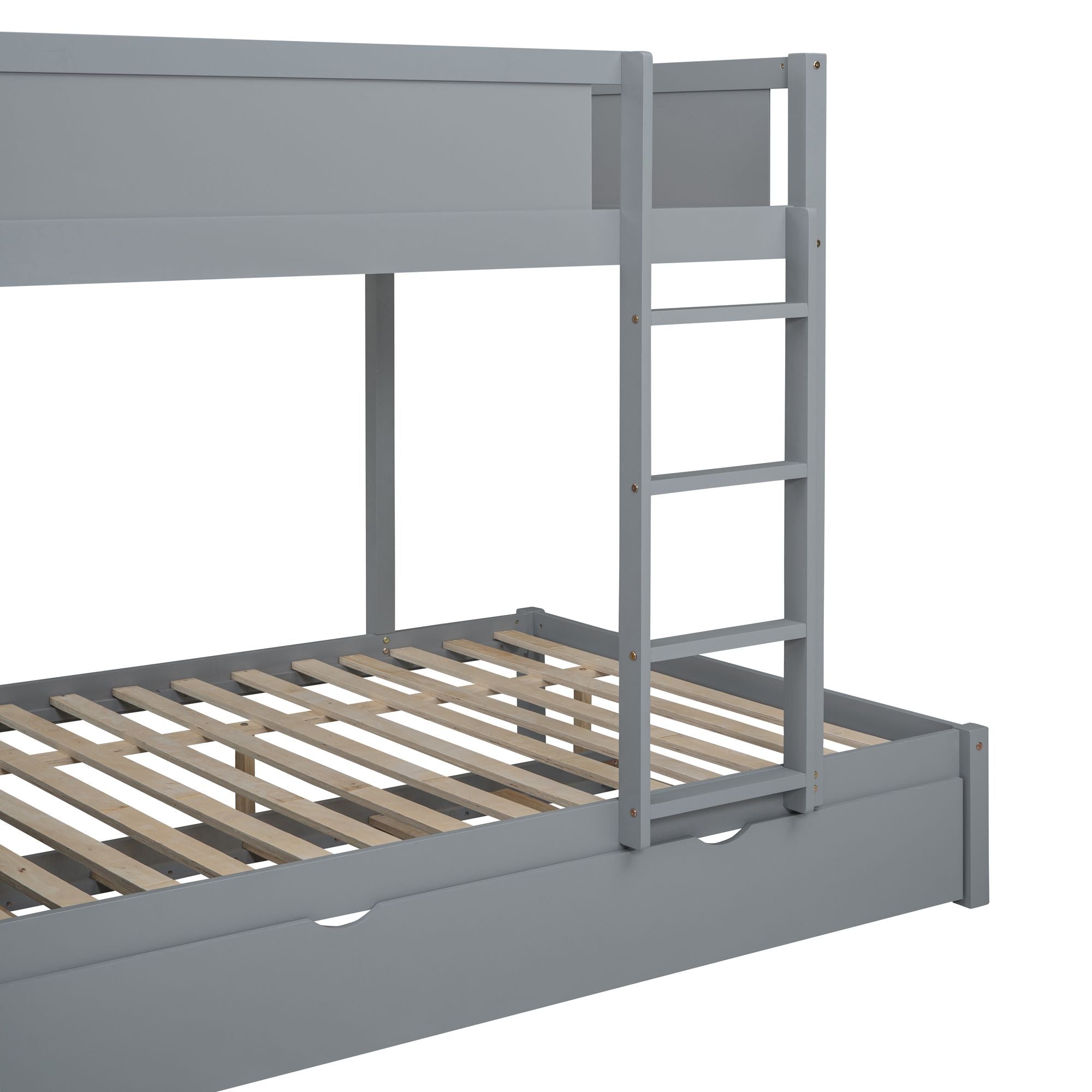 Full Over Full Wood Bunk Bed with Trundle, Storage Drawers, Desk, Gray | Just Better Bunk Beds