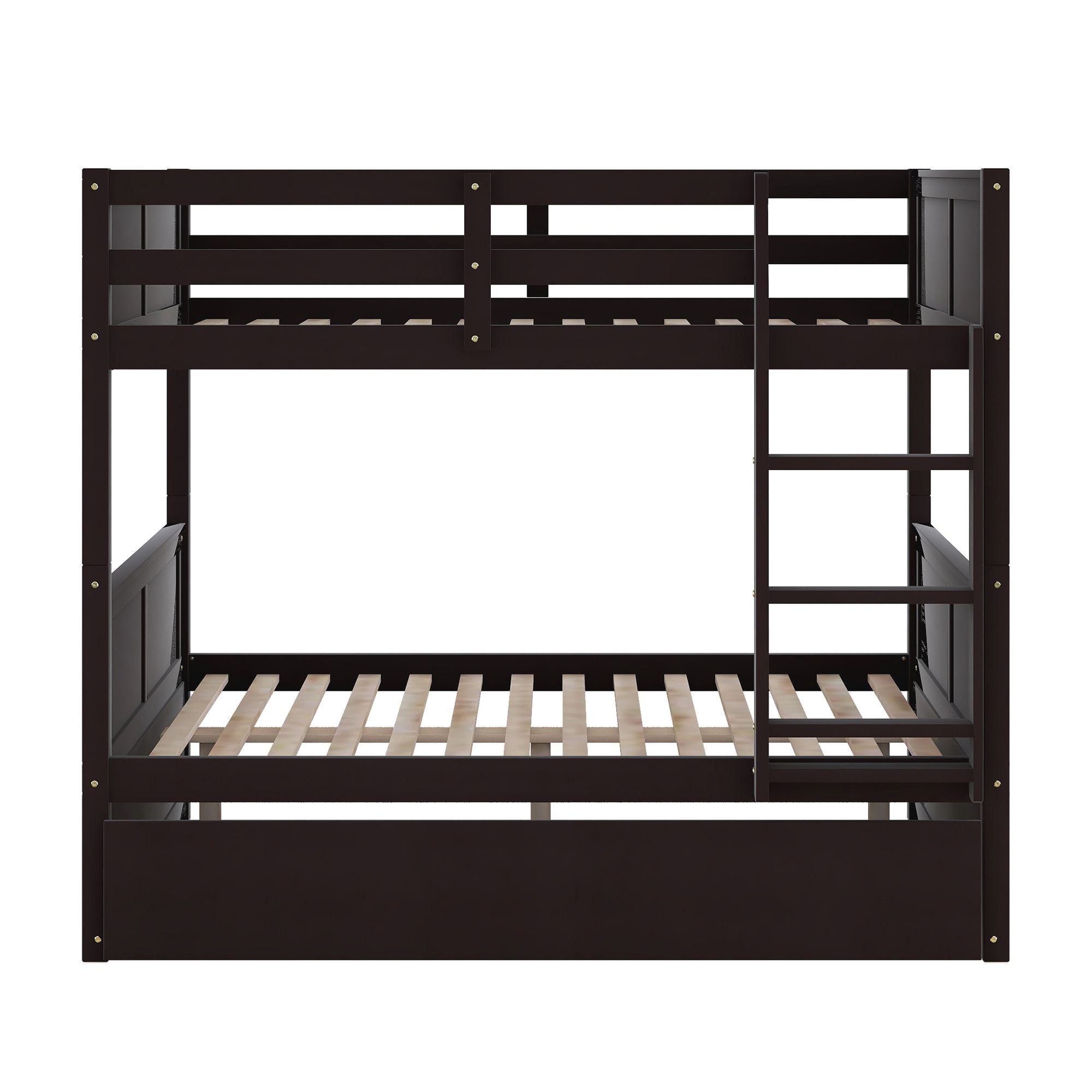 Full Over Full Wood Bunk Bed with Twin Trundle, Espresso Finish, Durable Pinewood | Just Better Bunk Beds