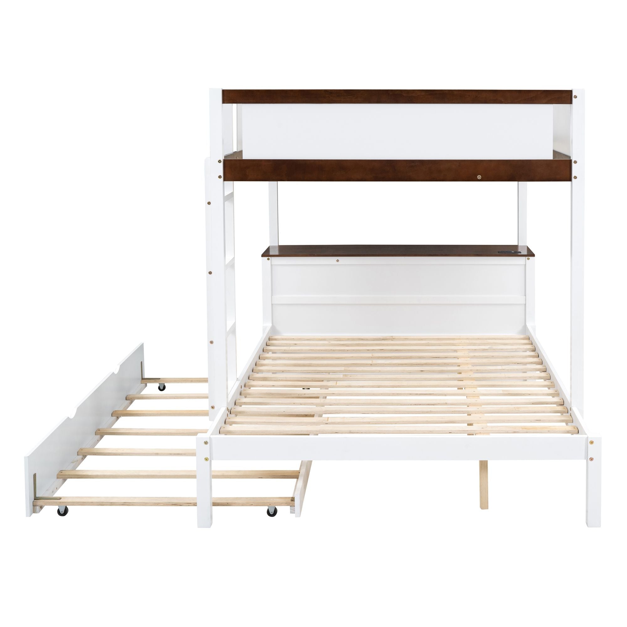Full Over Full Wood Bunk Bed with Twin Trundle, Storage, Desk in White Walnut | Just Better Bunk Beds