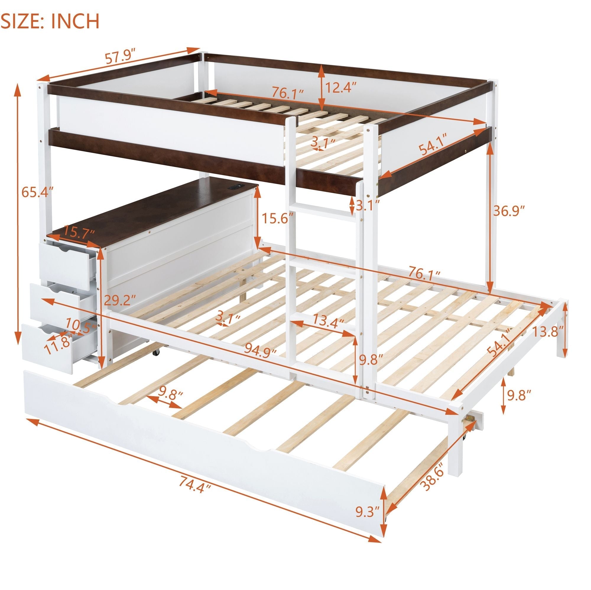Full Over Full Wood Bunk Bed with Twin Trundle, Storage, Desk in White Walnut | Just Better Bunk Beds
