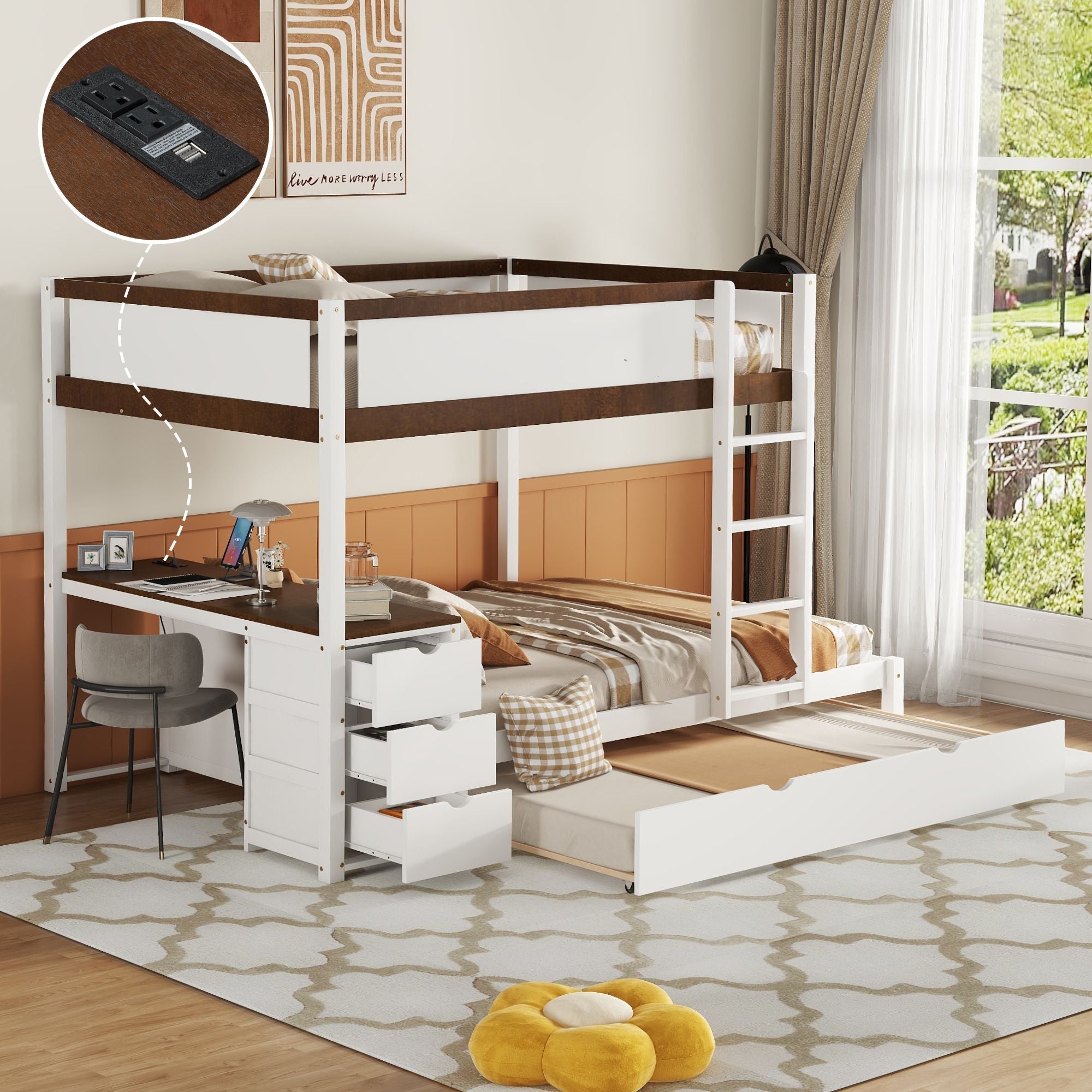 Full Over Full Wood Bunk Bed with Twin Trundle, Storage, Desk in White Walnut | Just Better Bunk Beds