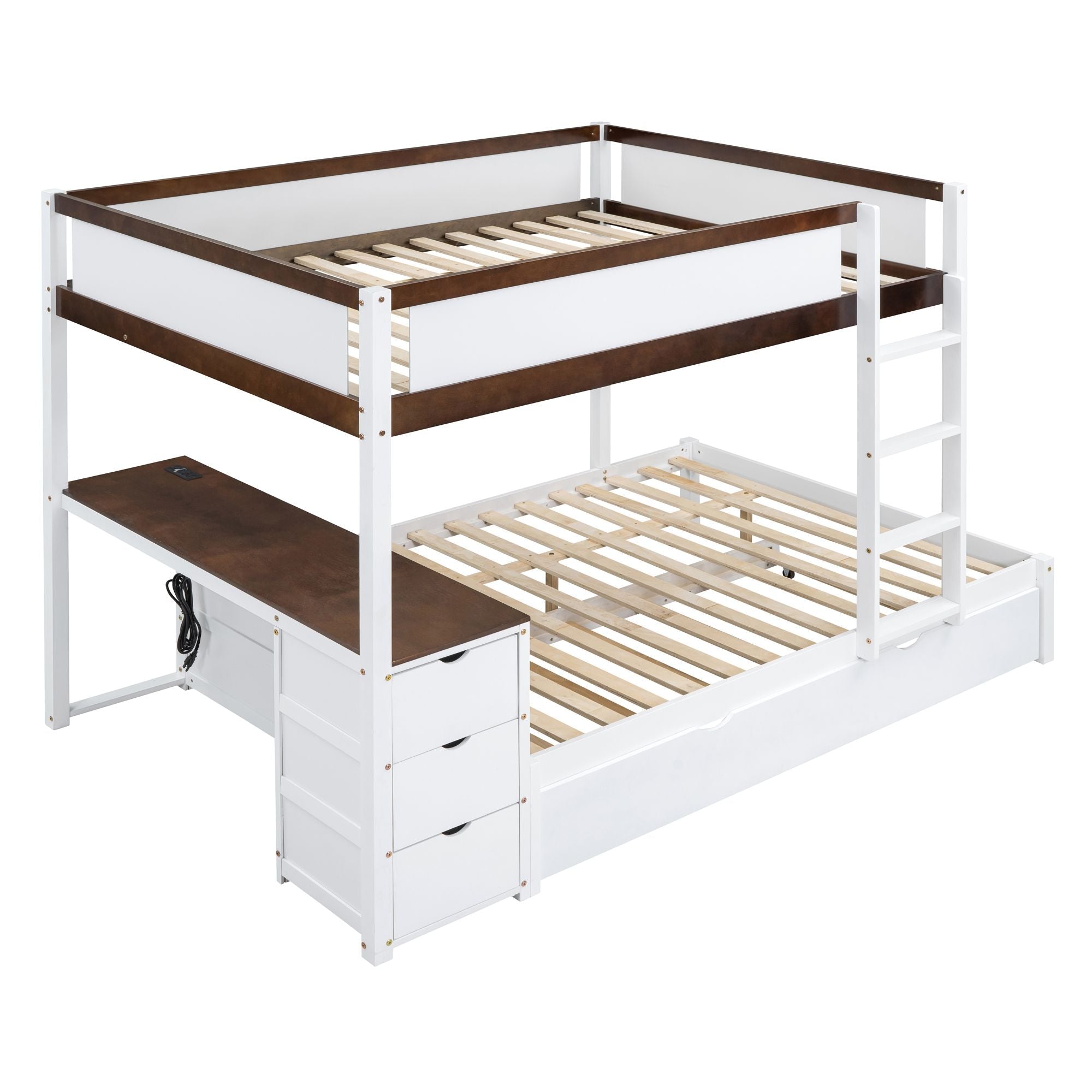 Full Over Full Wood Bunk Bed with Twin Trundle, Storage, Desk in White Walnut | Just Better Bunk Beds