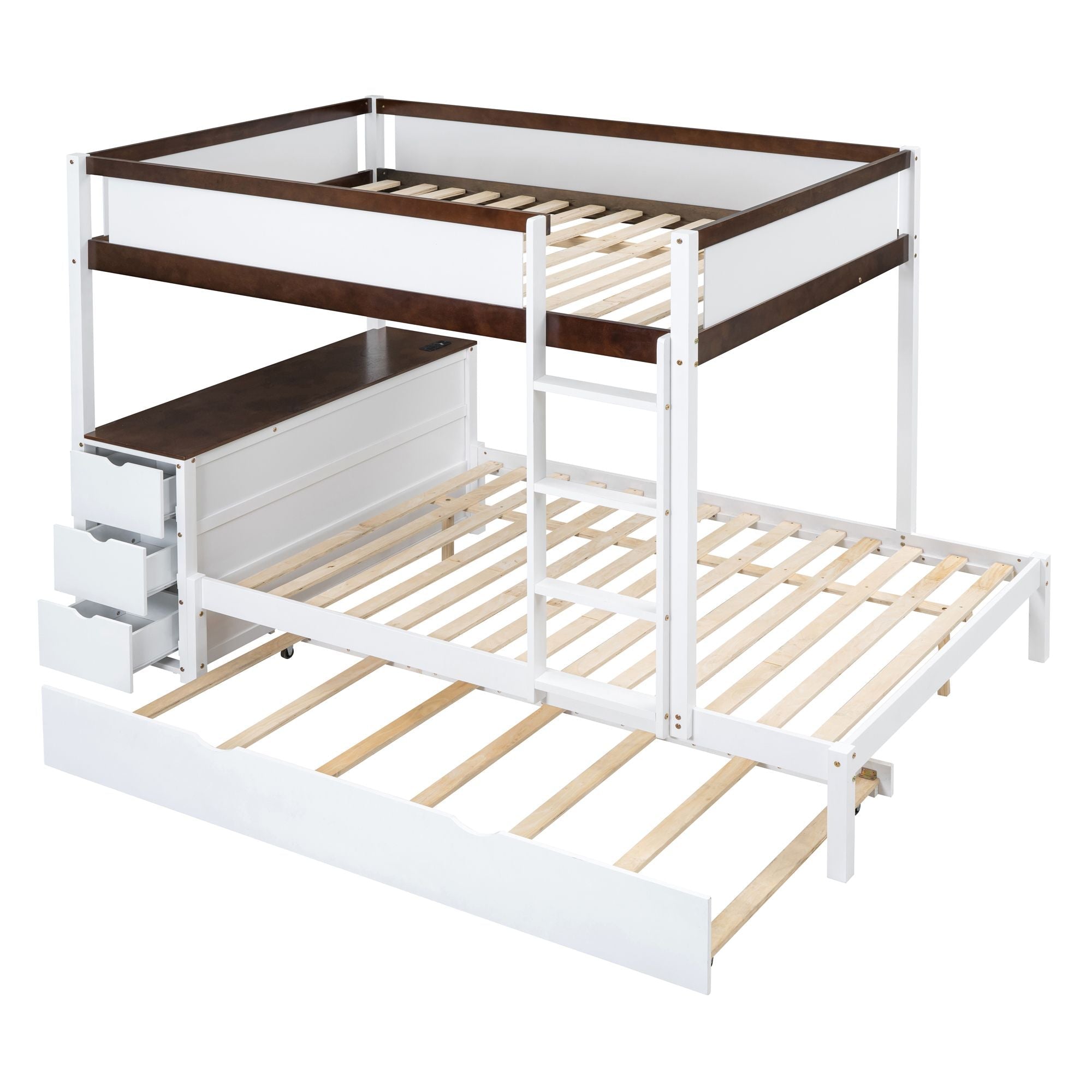 Full Over Full Wood Bunk Bed with Twin Trundle, Storage, Desk in White Walnut | Just Better Bunk Beds
