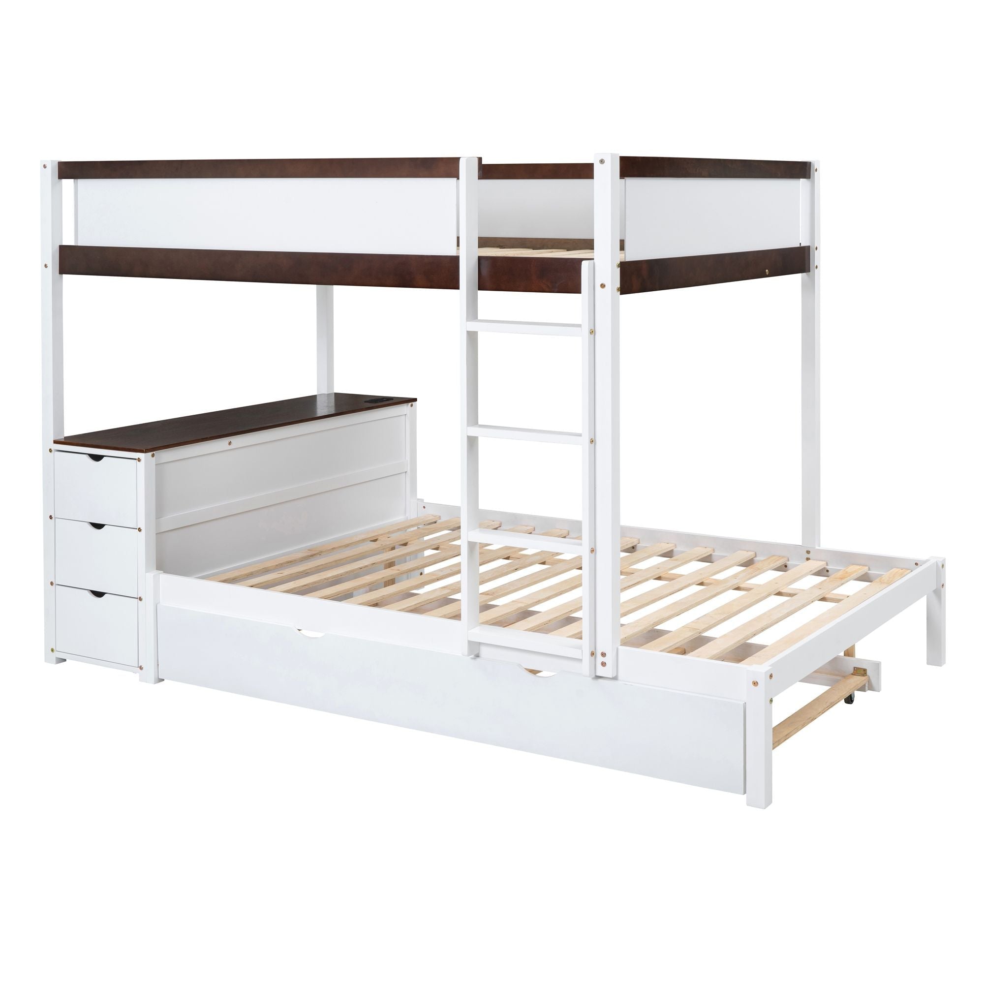 Full Over Full Wood Bunk Bed with Twin Trundle, Storage, Desk in White Walnut | Just Better Bunk Beds