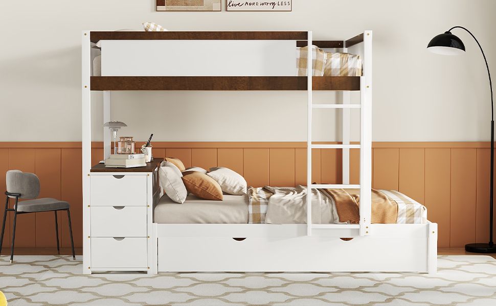 Full Over Full Wood Bunk Bed with Twin Trundle, Storage, Desk in White Walnut | Just Better Bunk Beds