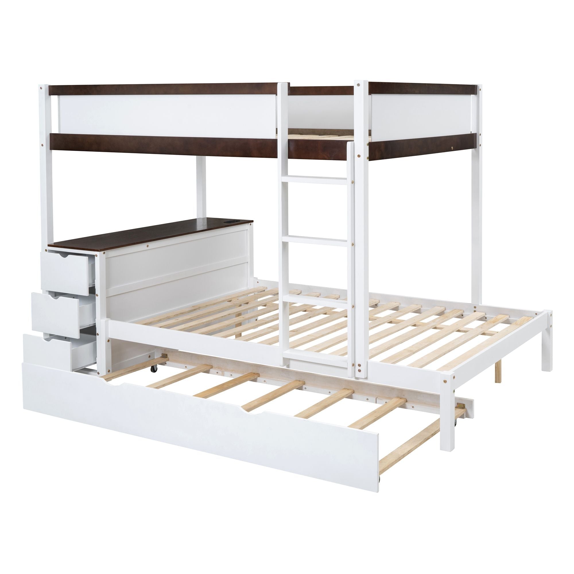 Full Over Full Wood Bunk Bed with Twin Trundle, Storage, Desk in White Walnut | Just Better Bunk Beds