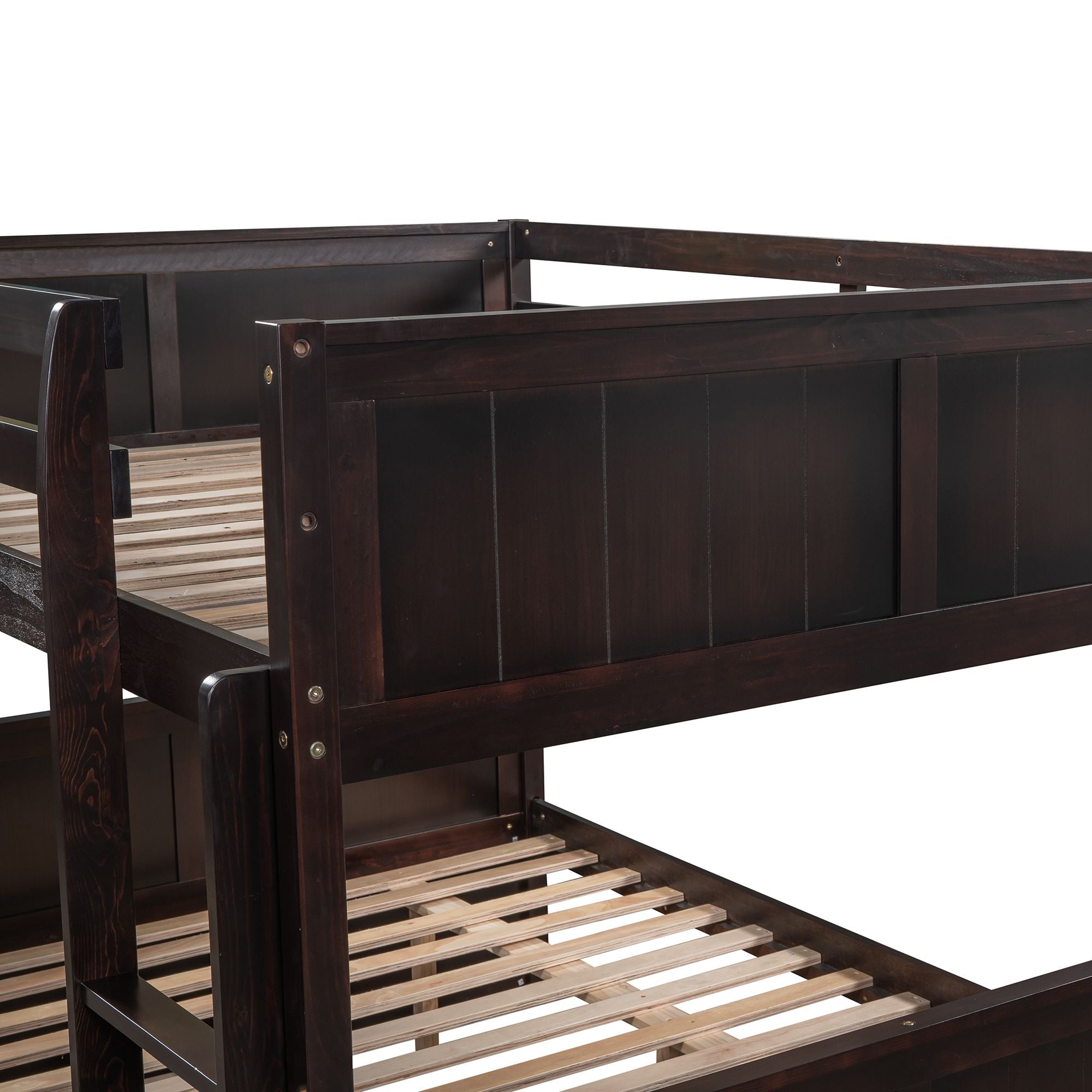 Full Over Full Wood Bunk Bed with Twin Trundle Storage, Espresso Finish | Just Better Bunk Beds