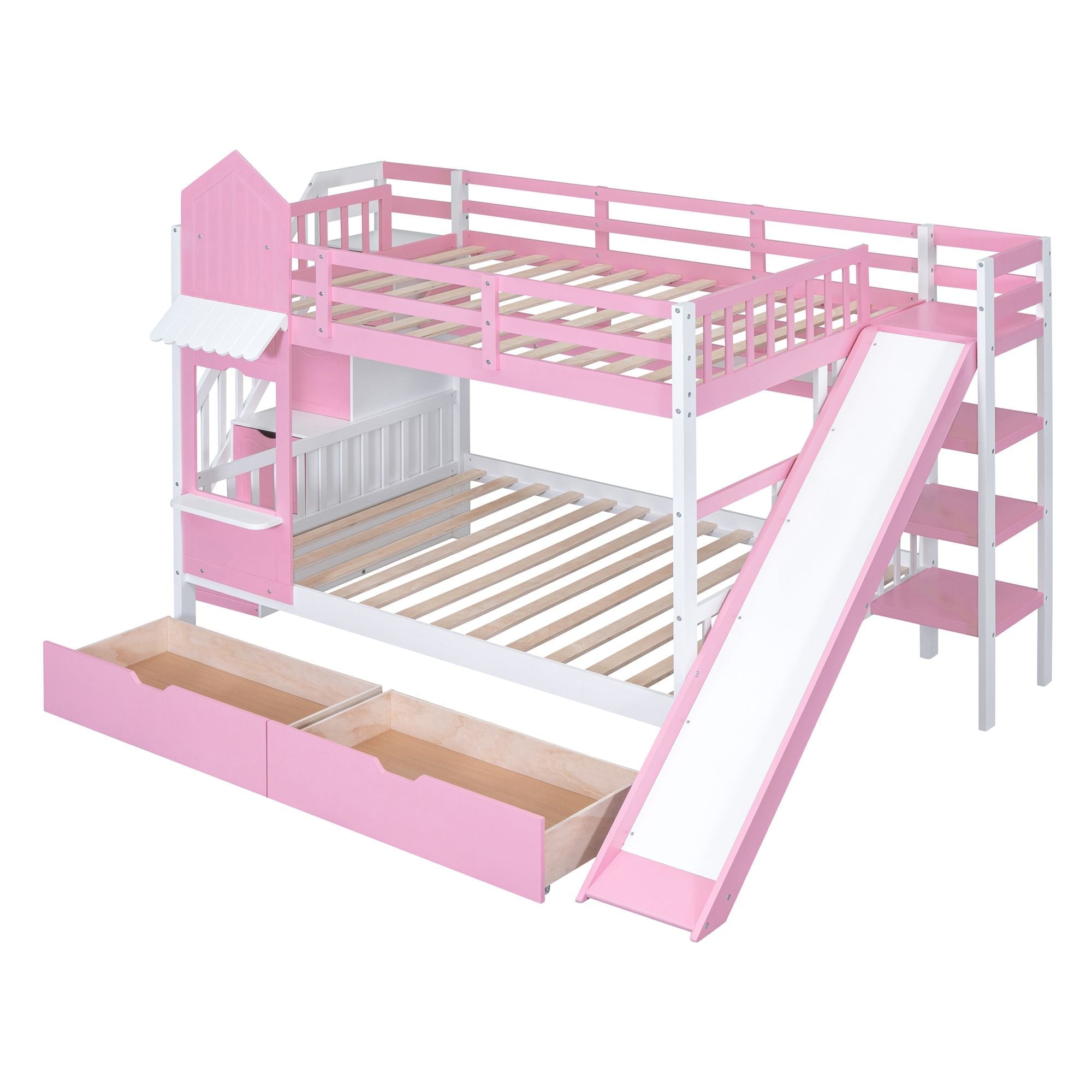 Full Over Full Wood Castle Bunk Bed with Slide, Drawers, and Shelves in Pink | Just Better Bunk Beds